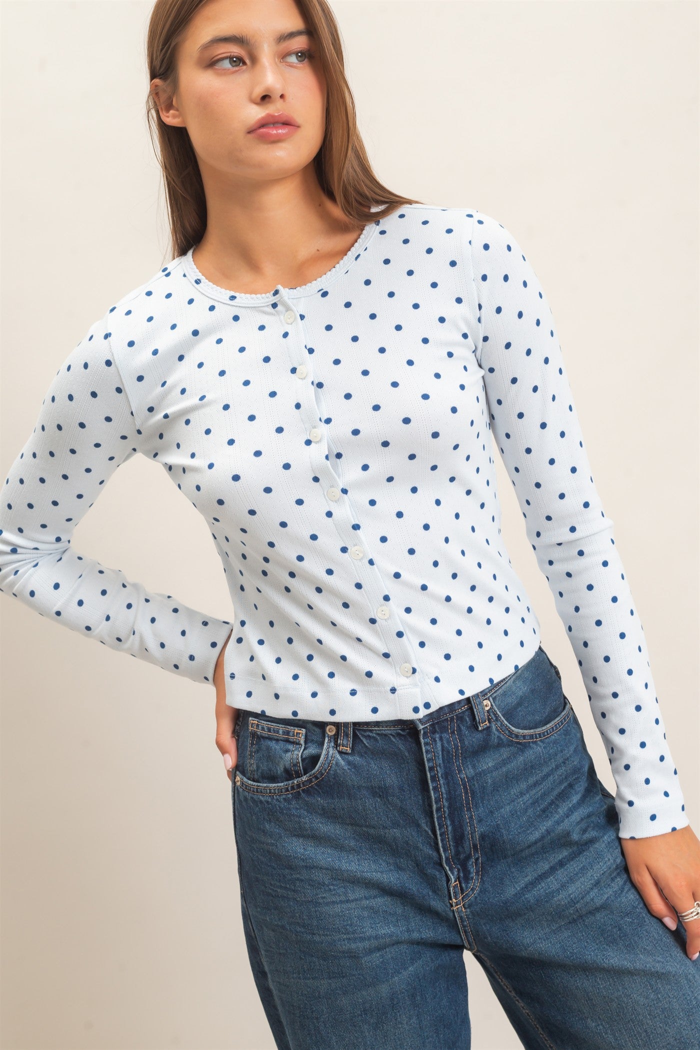 Wholesale Polka Dot Button Front Long Sleeve Top Clothing Tops DZ27A156 LIGHT BLUE DOUBLE ZERO