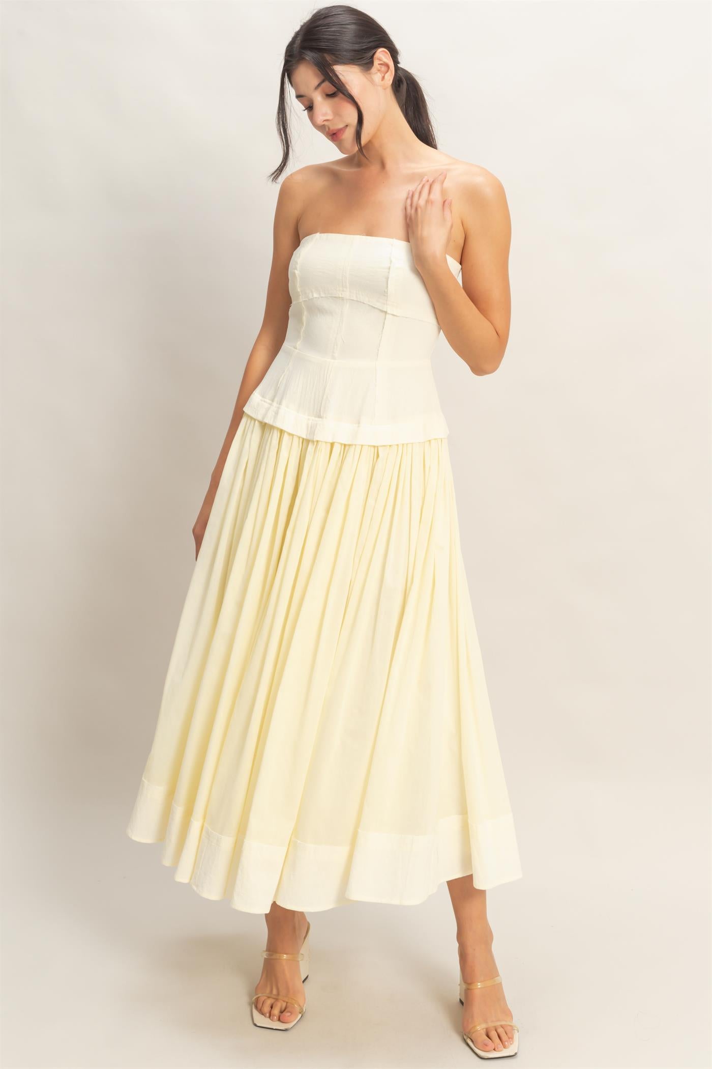 Wholesale Strapless Tiered Maxi Dress Dresses HF26A570 CREAM HYFVE