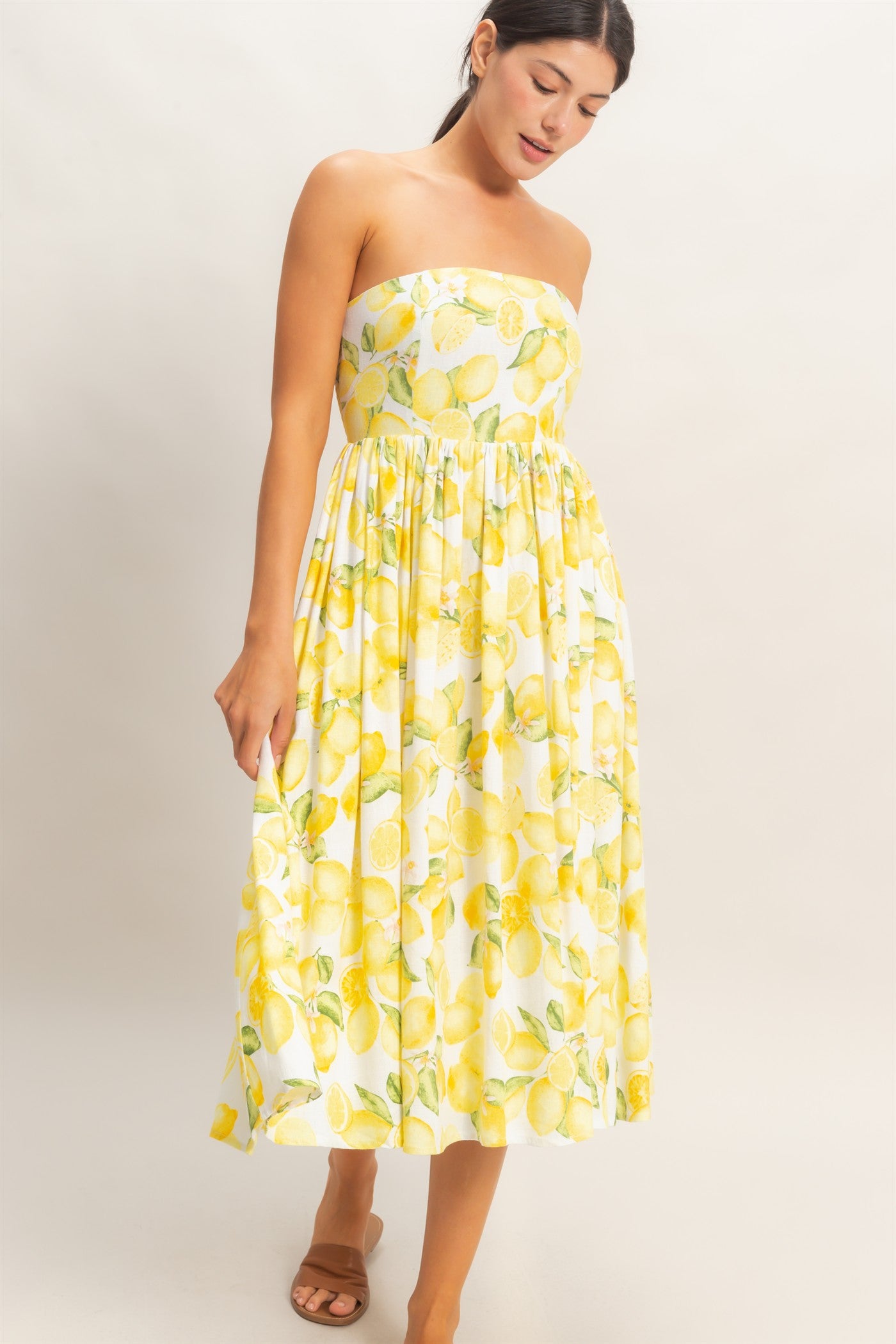 Wholesale Strapless Lemon-Print Midi Dress Dresses HF26C880 LEMON HYFVE