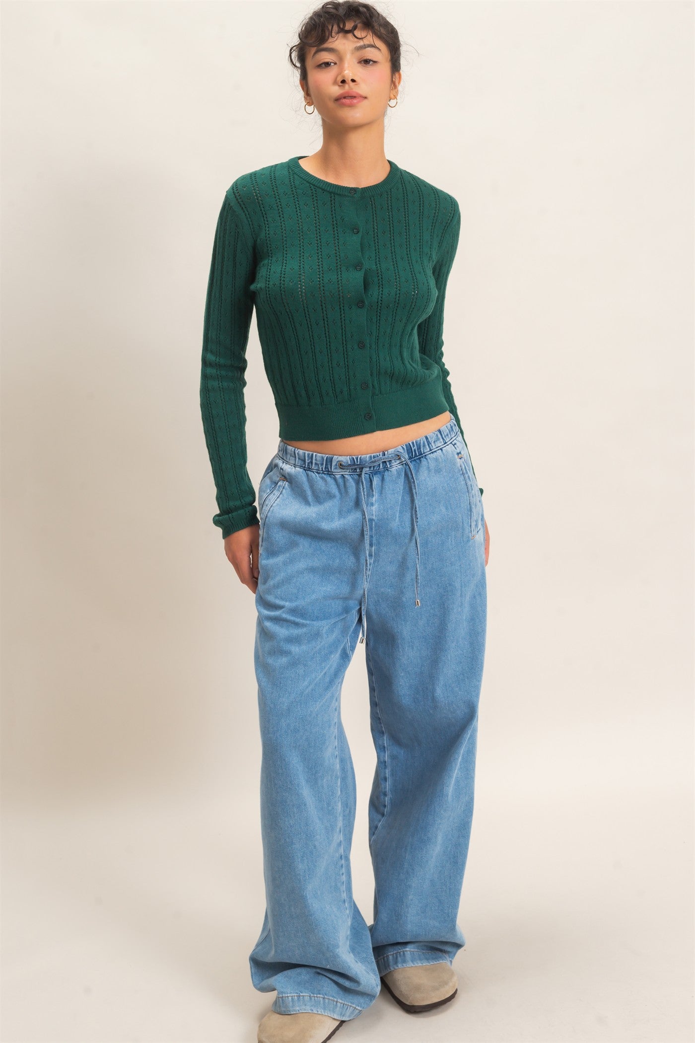 Wholesale Pointelle Button-Down Cardigan Cardigans DZ26E302 DARK GREEN DOUBLE ZERO