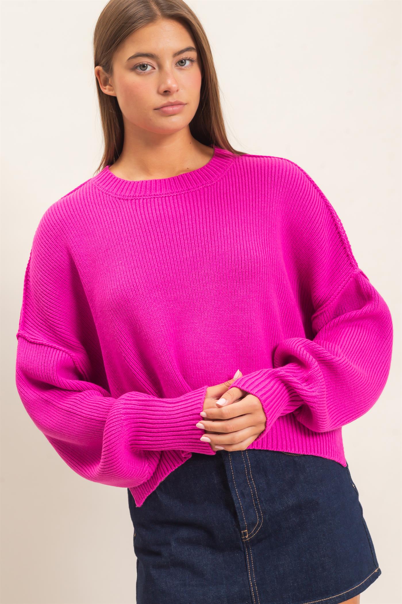 Wholesale Ribbed Drop Shoulder Sweater Sweaters DZ26C982 FUCHSIA DOUBLE ZERO