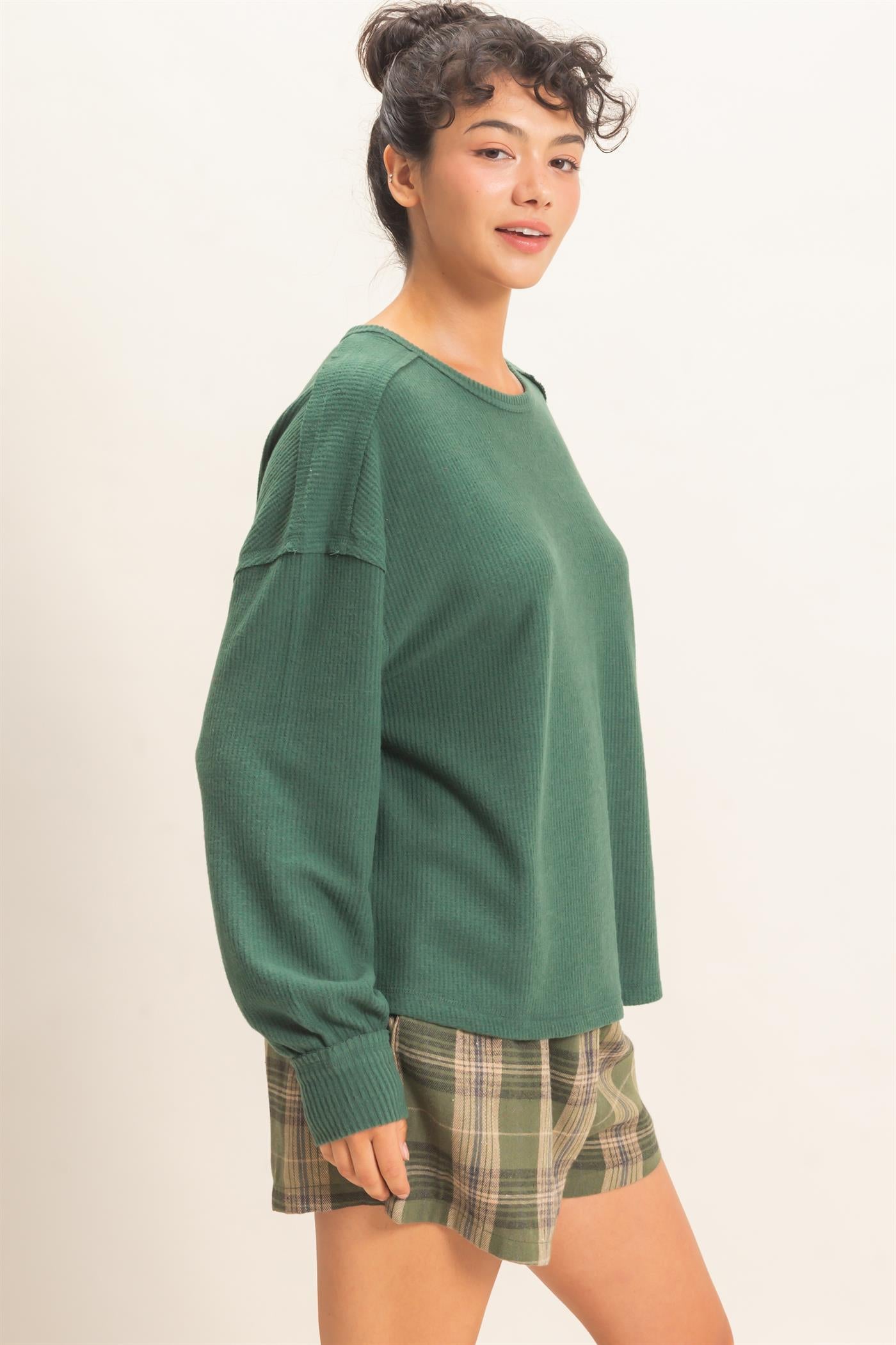 Wholesale Raw Edge Waffle Sweatshirt Sweatshirts DZ26F081 DARK GREEN HYFVE