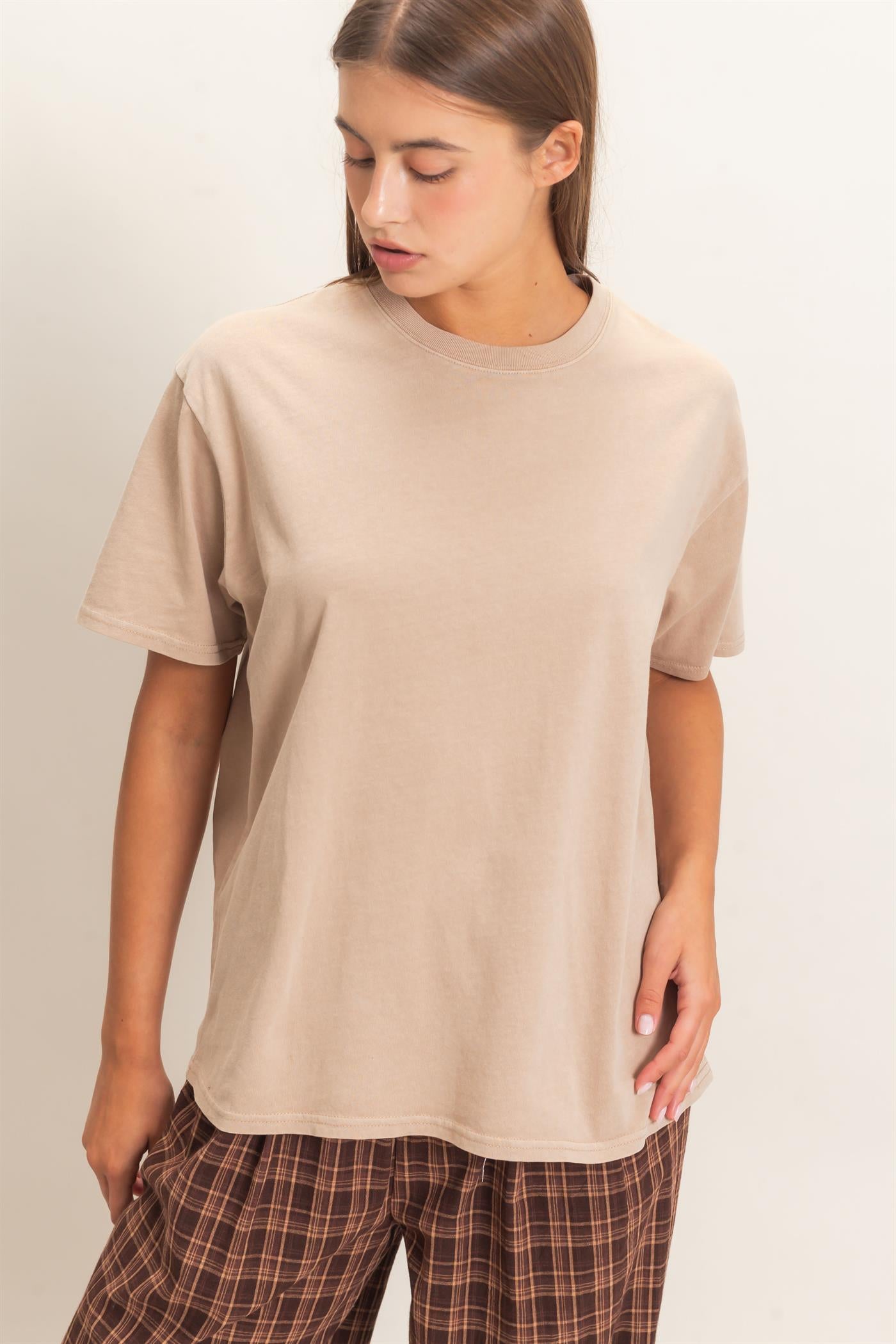 Wholesale Crew Neck Pigment Dye T-Shirt Clothing Tops DZ26E448 TAUPE DOUBLE ZERO