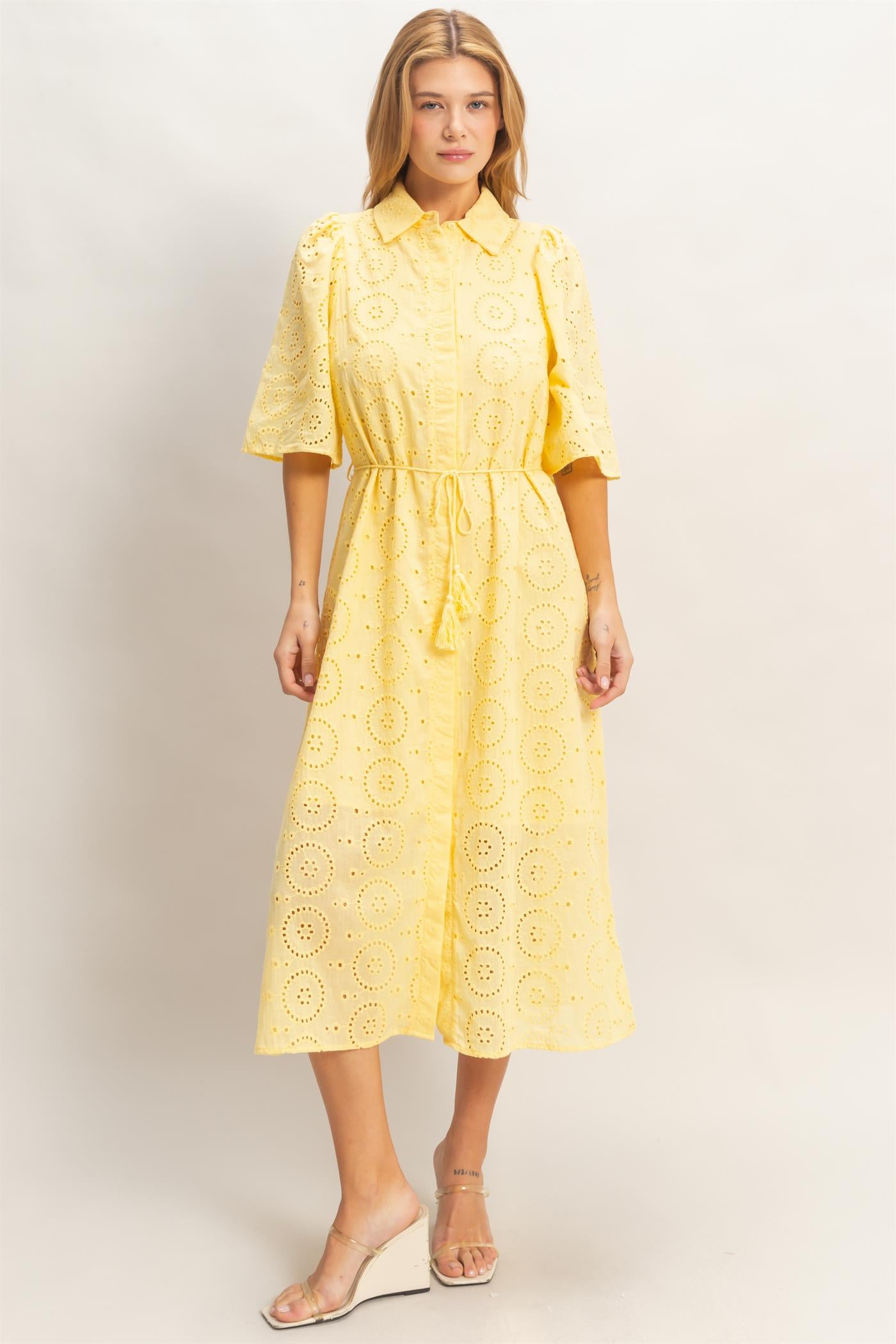 Wholesale Eyelet Collared Midi Dress Dresses HF26A021 YELLOW HYFVE