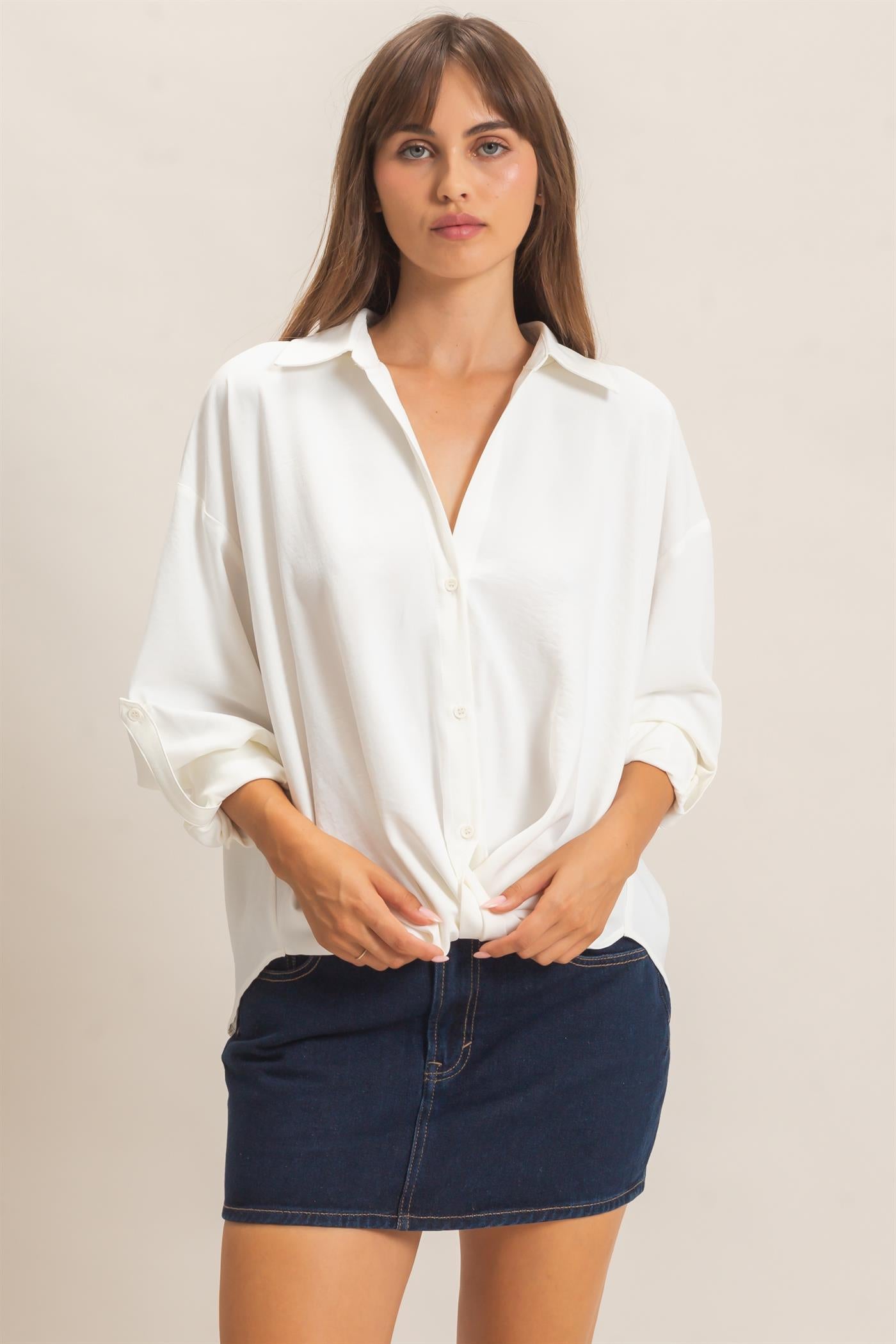 Wholesale Button-Up Dolman Sleeve Top Shirts HF26F070 OFF WHITE HYFVE