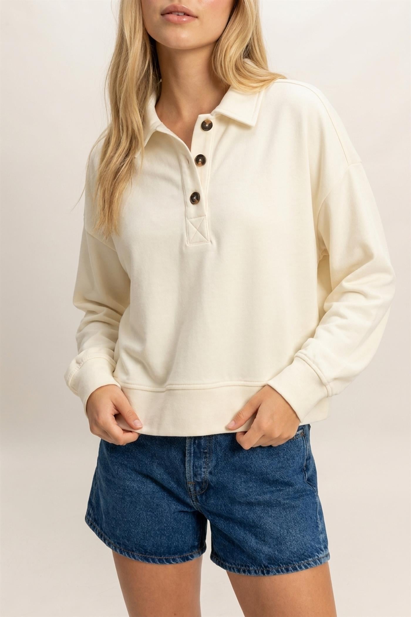 Wholesale Washed Button-Front Collared Sweatshirt Sweatshirts DZ26E390 CREAM DOUBLE ZERO
