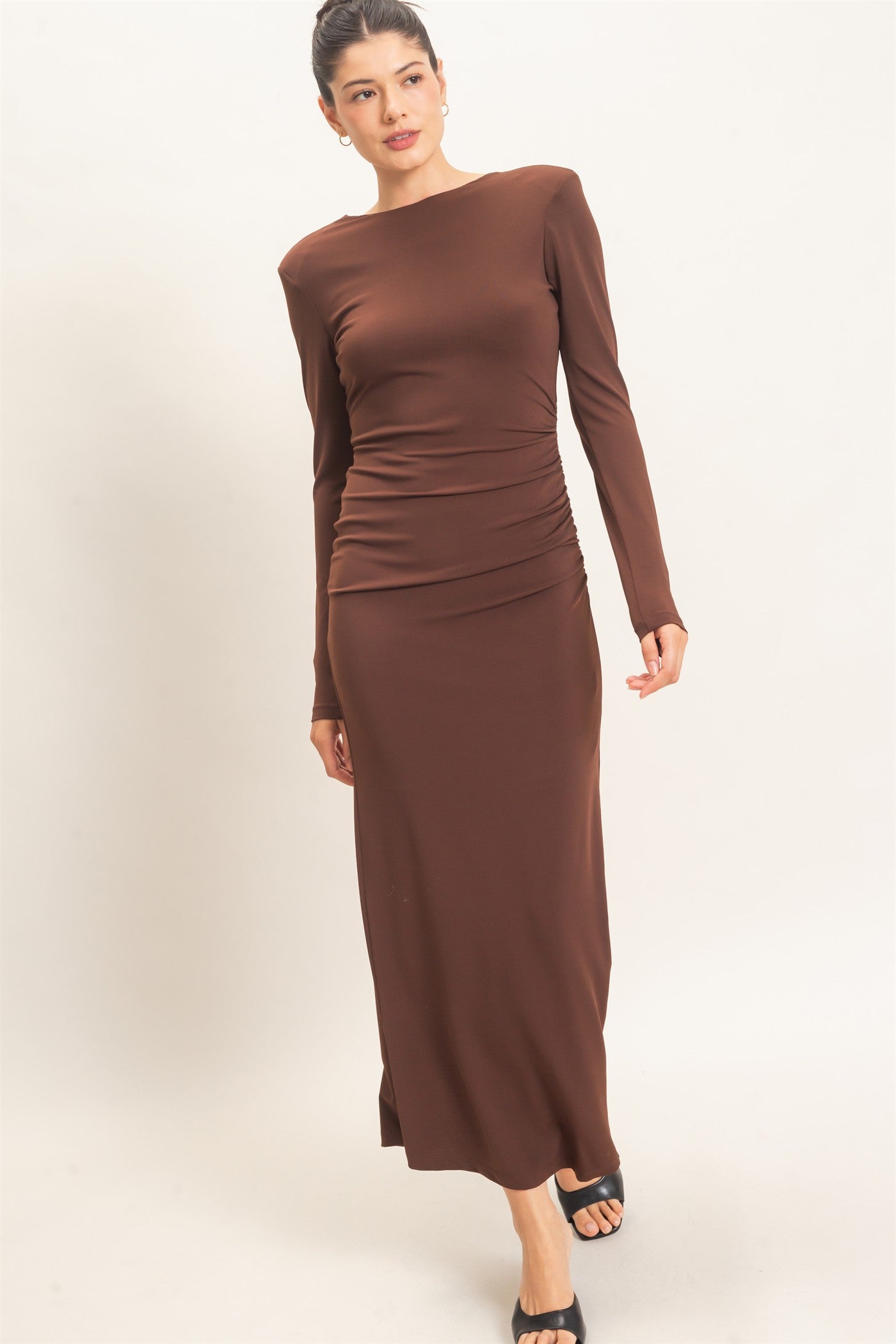 Wholesale Ruched Long Sleeve Open Back Midi Dress Dresses HF26F118 CHOCOLATE HYFVE