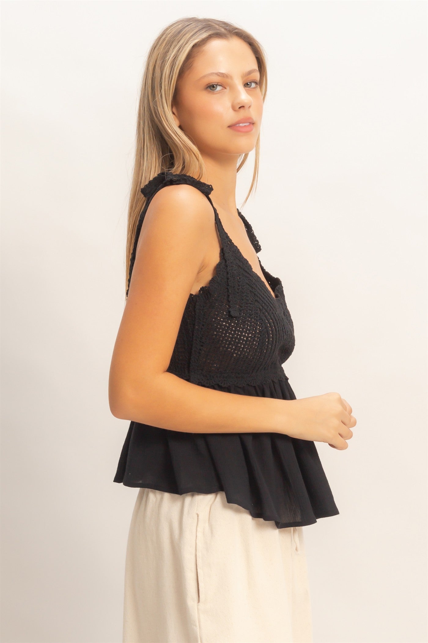 Wholesale Crochet Tie-Strap Peplum Top Clothing HF26A872 BLACK HYFVE