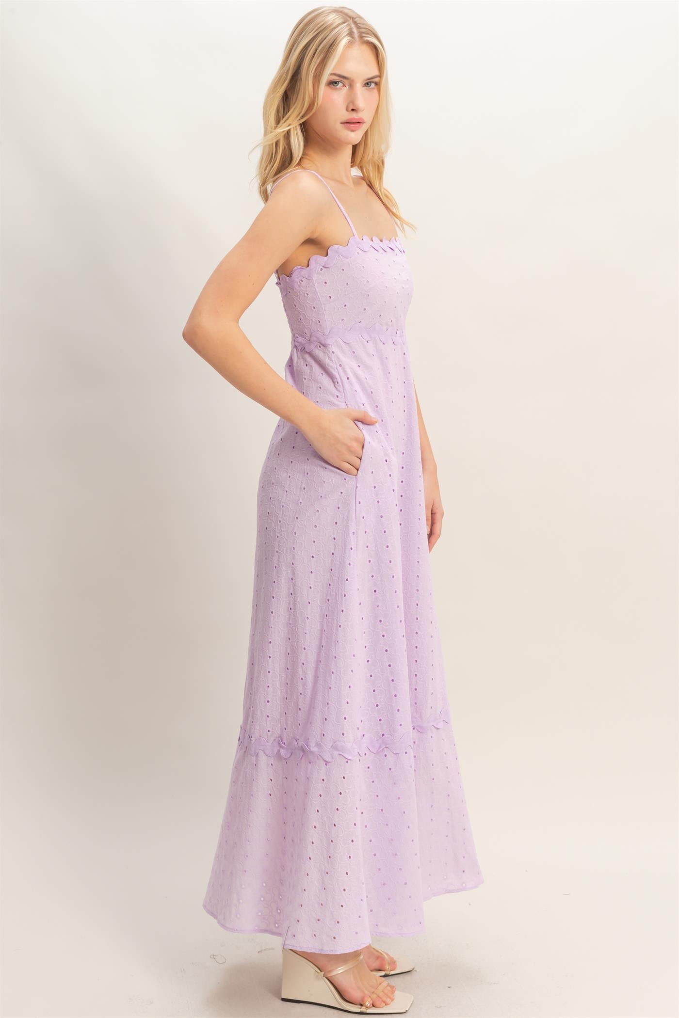 Wholesale Scallop Trim Eyelet Midi Dress Dresses HF26A694 LAVENDER HYFVE