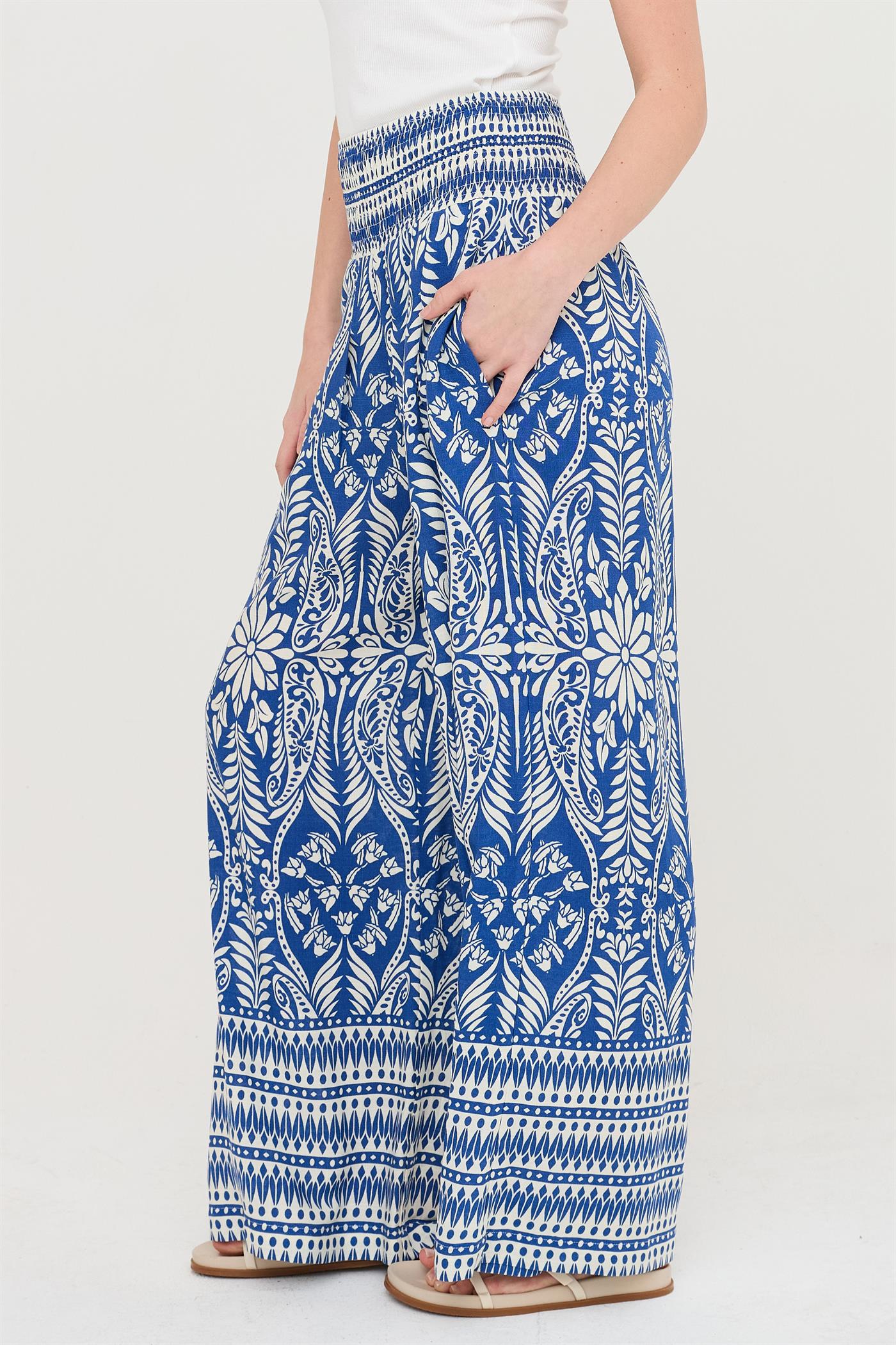 Wholesale Smocked Waist Floral Pants Pants HF26C161-D BLUE HYFVE