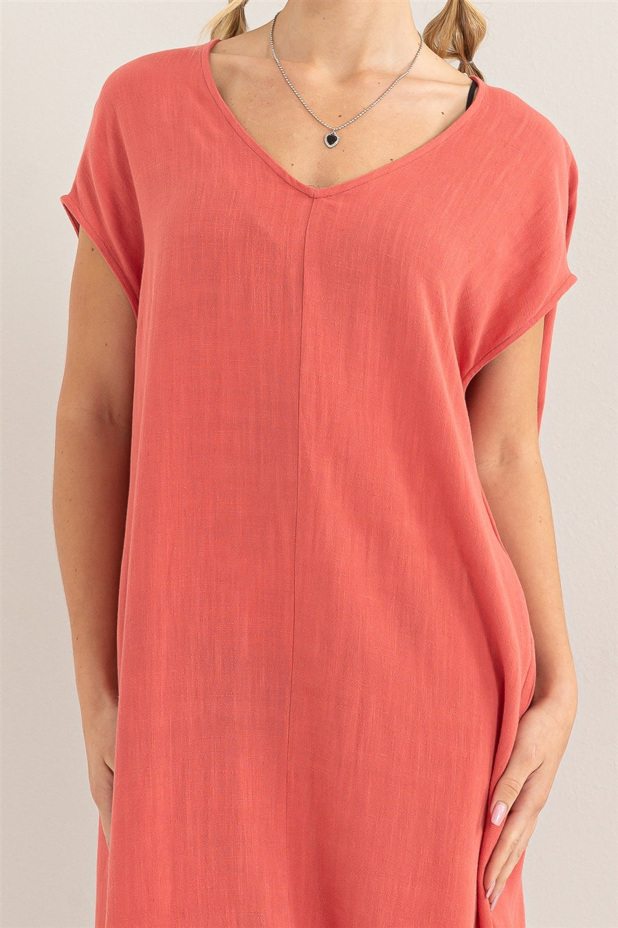 Wholesale V-Neck Oversized Linen Midi Dress Dresses DZ23E033-D BRICK DOUBLE ZERO