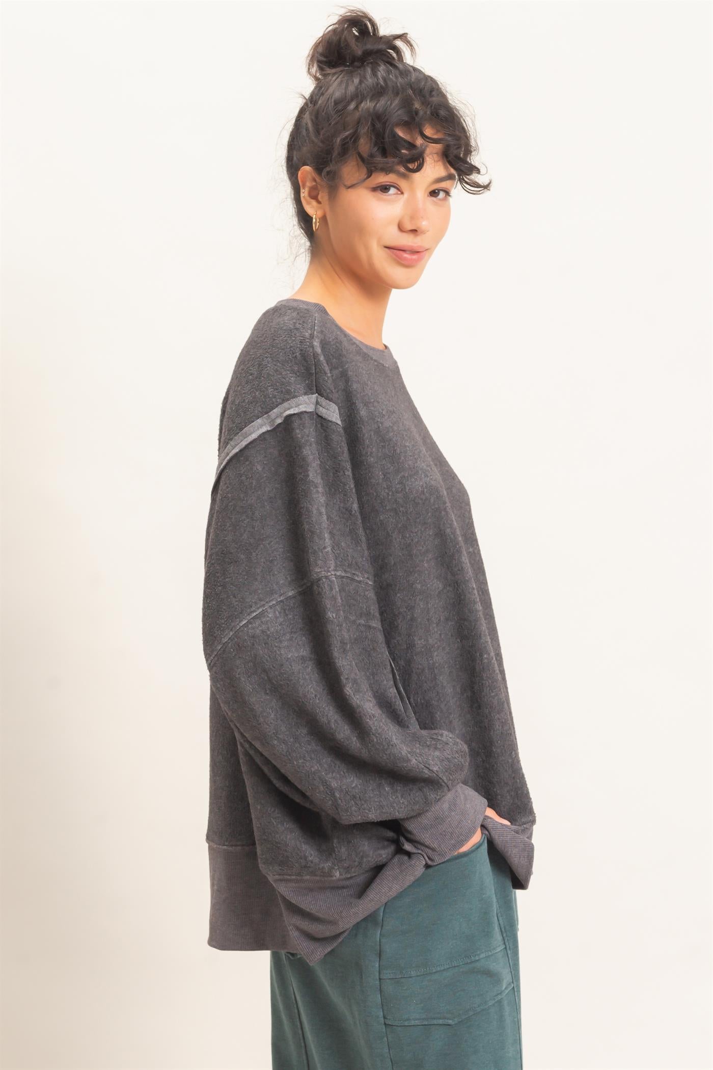 Wholesale Oversized Raw Edge Crew Neck Sweatshirt Sweatshirts DZ26E273 CHARCOAL DOUBLE ZERO