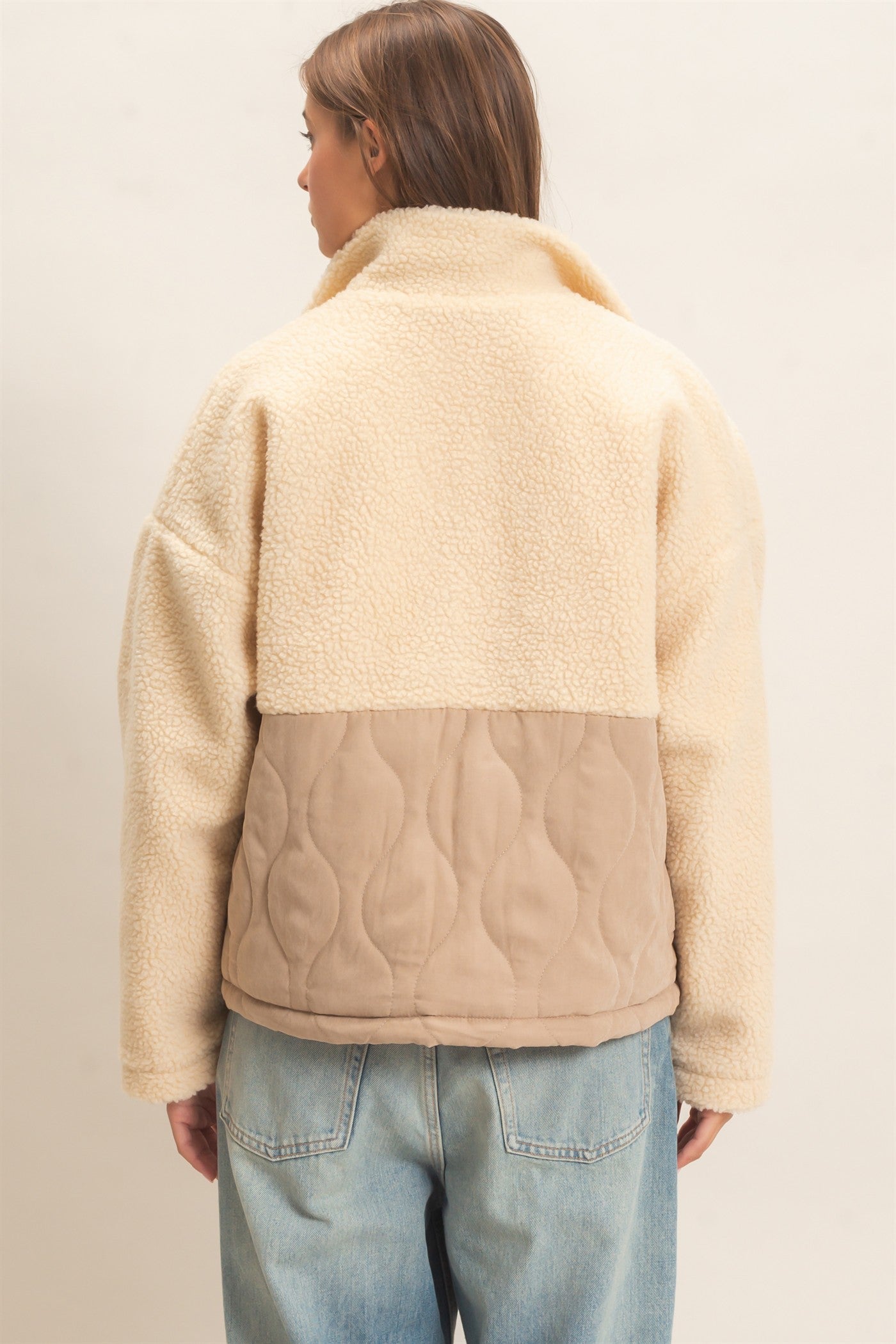 Wholesale Quilted Sherpa Zip Up Jacket Coats & Jackets DZ26F259 TAUPE DOUBLE ZERO
