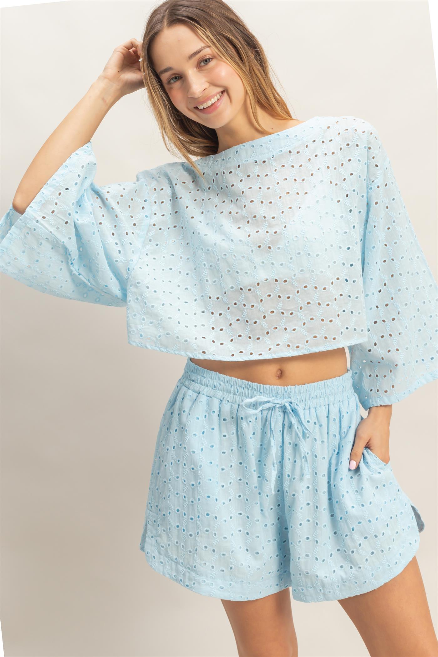 Wholesale Eyelet Long Sleeve Top & Shorts Set Clothing HF26A066-SET L.BLUE HYFVE