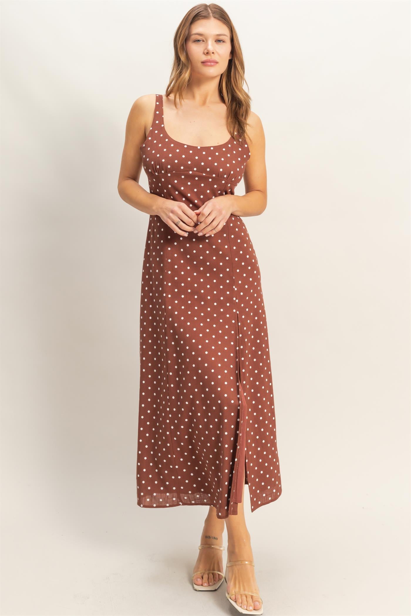 Wholesale Polka Dot Scoop Neck Midi Dress Dresses HF26C268-D CHESTNUT HYFVE