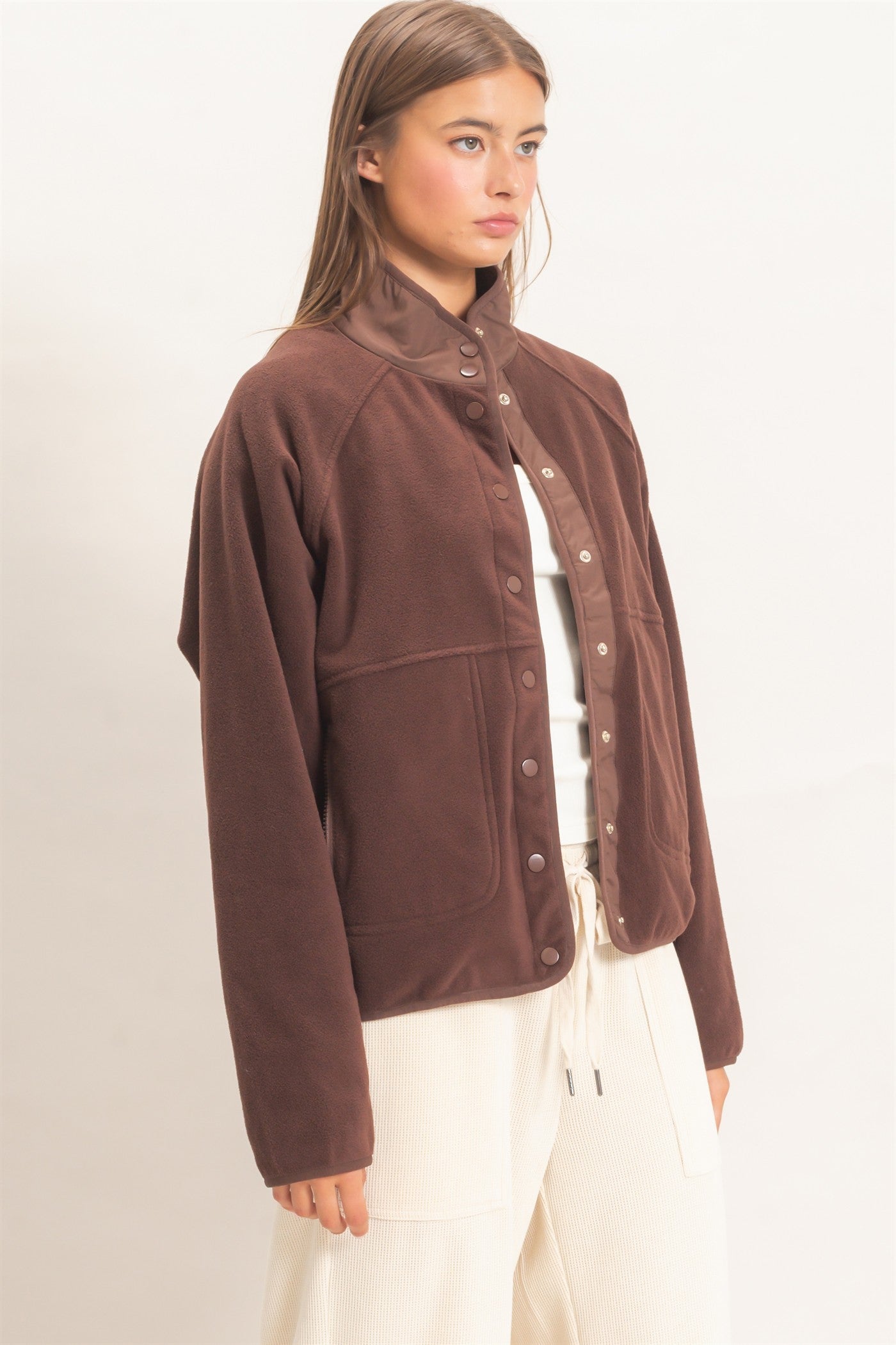 Wholesale Fleece Jacket With Button Front Coats & Jackets DZ26F086 DARK BROWN DOUBLE ZERO