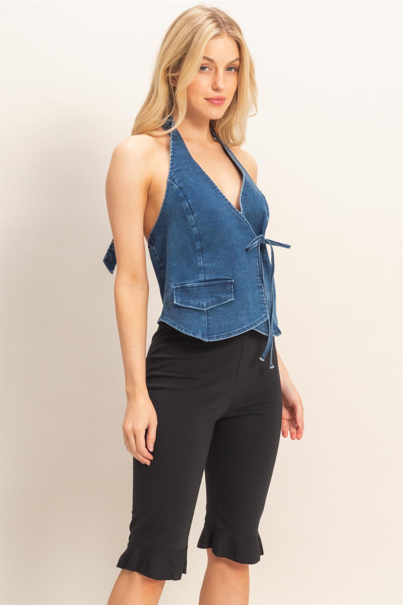 Wholesale Denim Halter Wrap Top Clothing Tops HF26C565 MEDIUM BLUE HYFVE