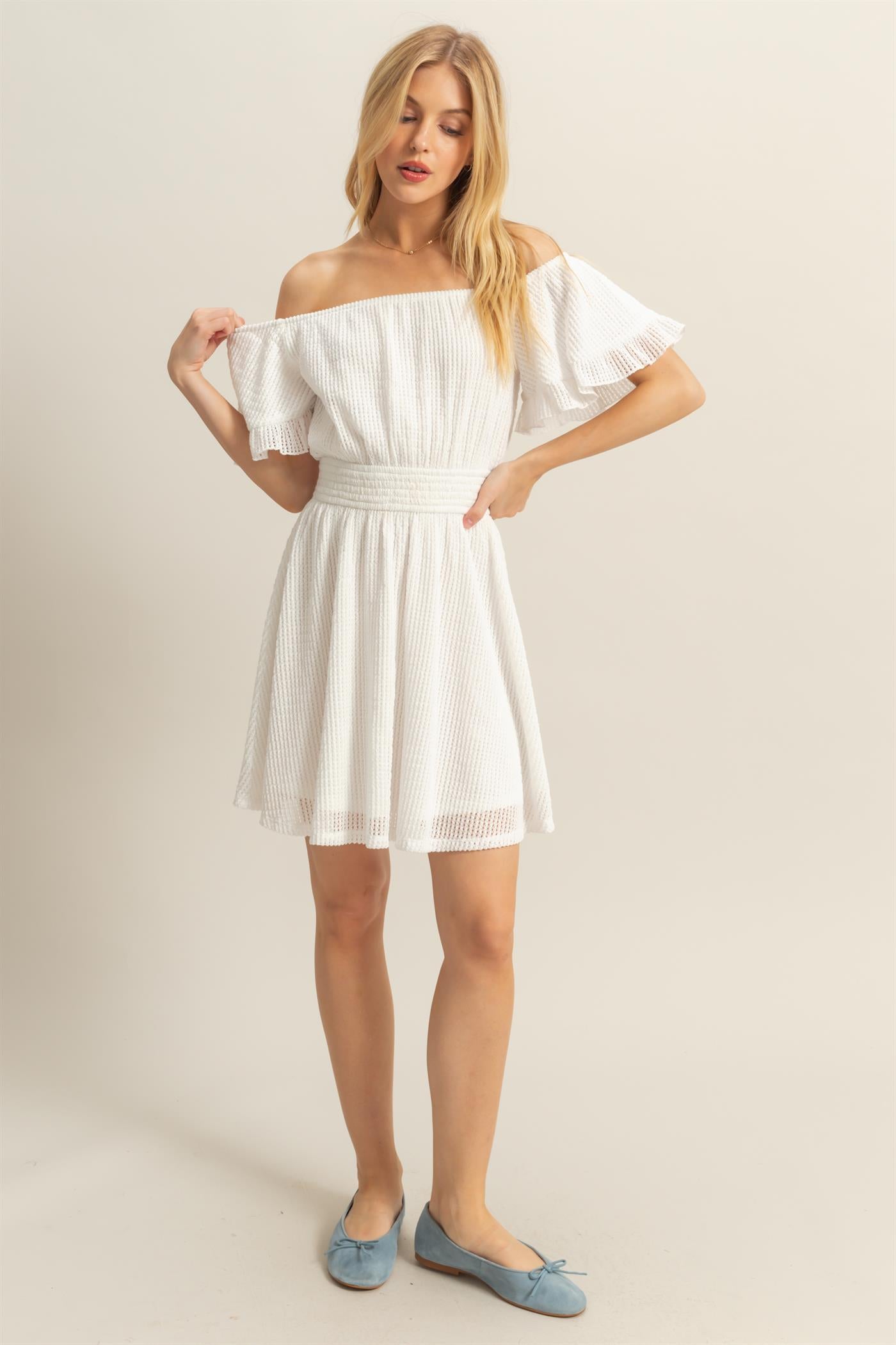 Wholesale Crochet Off-The-Shoulder Mini Dress Dresses HF25E125 WHITE HYFVE