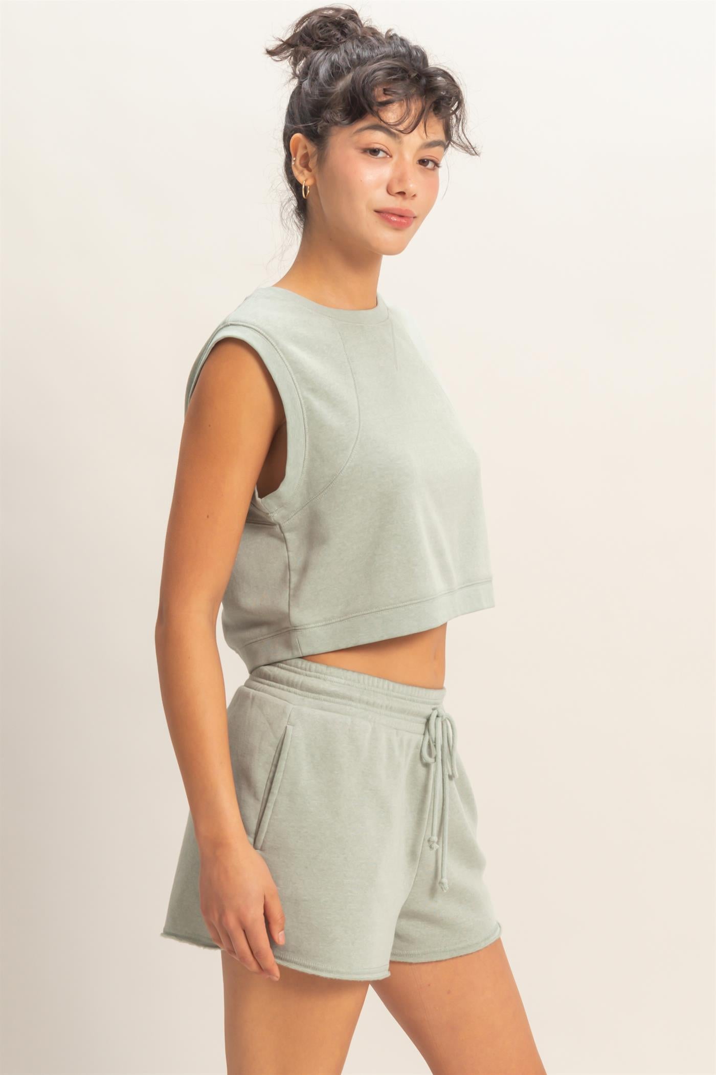 Wholesale Burnout French Terry Sleeveless Top & Shorts Set Clothing Tops DZ26A171-SET SAGE GREEN DOUBLE ZERO