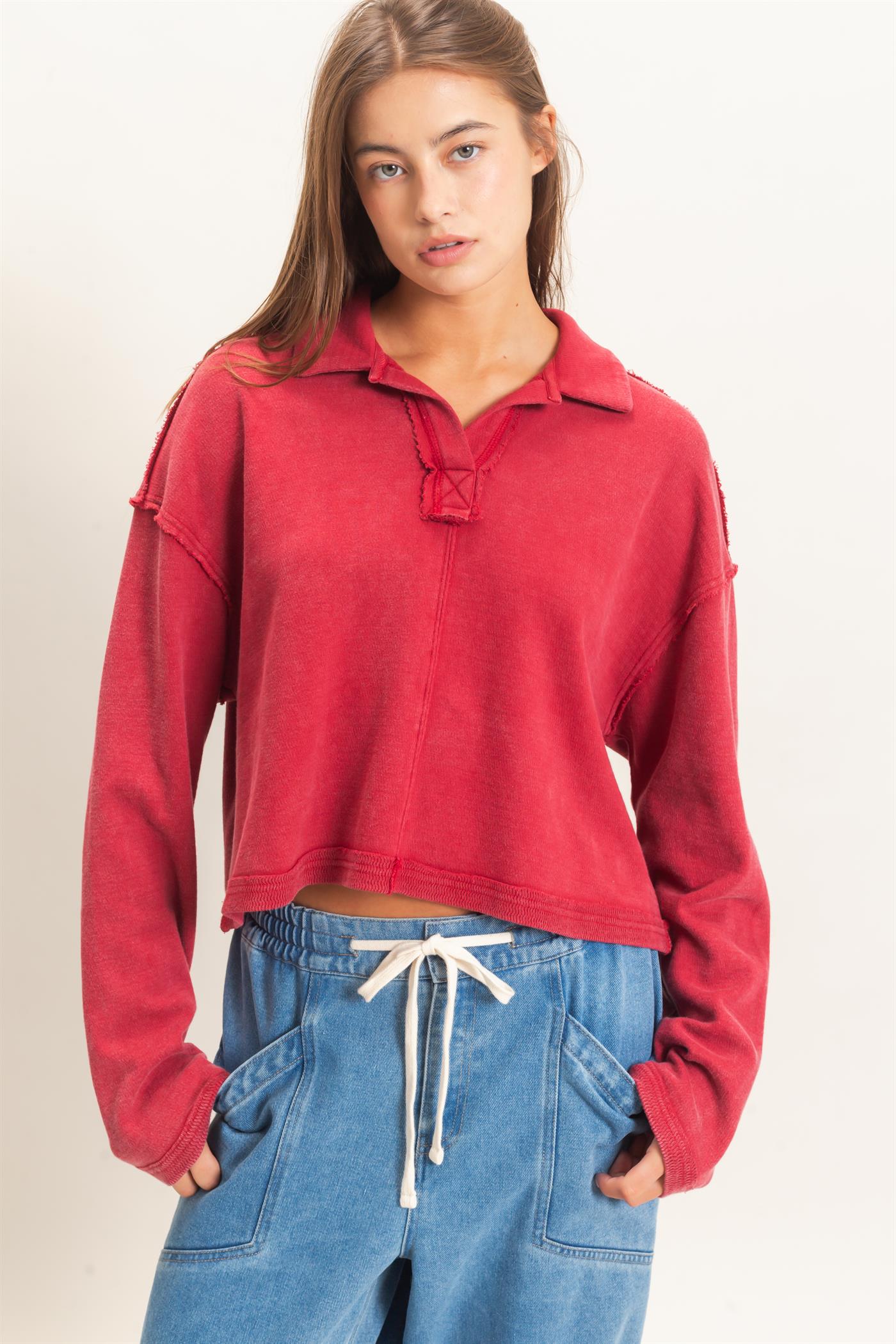Wholesale Mineral Wash Textured Collar Top Polos DZ26E814 DARK RED DOUBLE ZERO