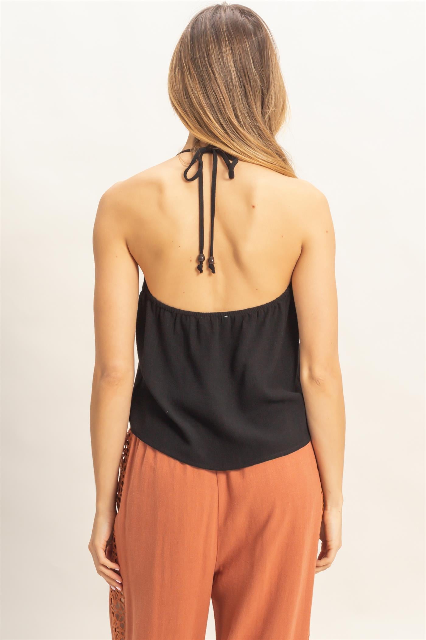 Wholesale Halter Tie Front Top With Beads Detail Blouses HF26A836 BLACK HYFVE
