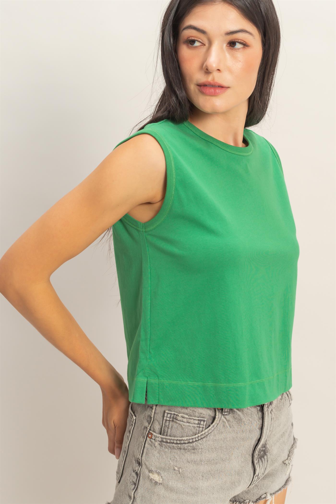 Wholesale Sleeveless Crew Neck Top With Back Pleats Clothing Tops DZ26A999 GREEN DOUBLE ZERO