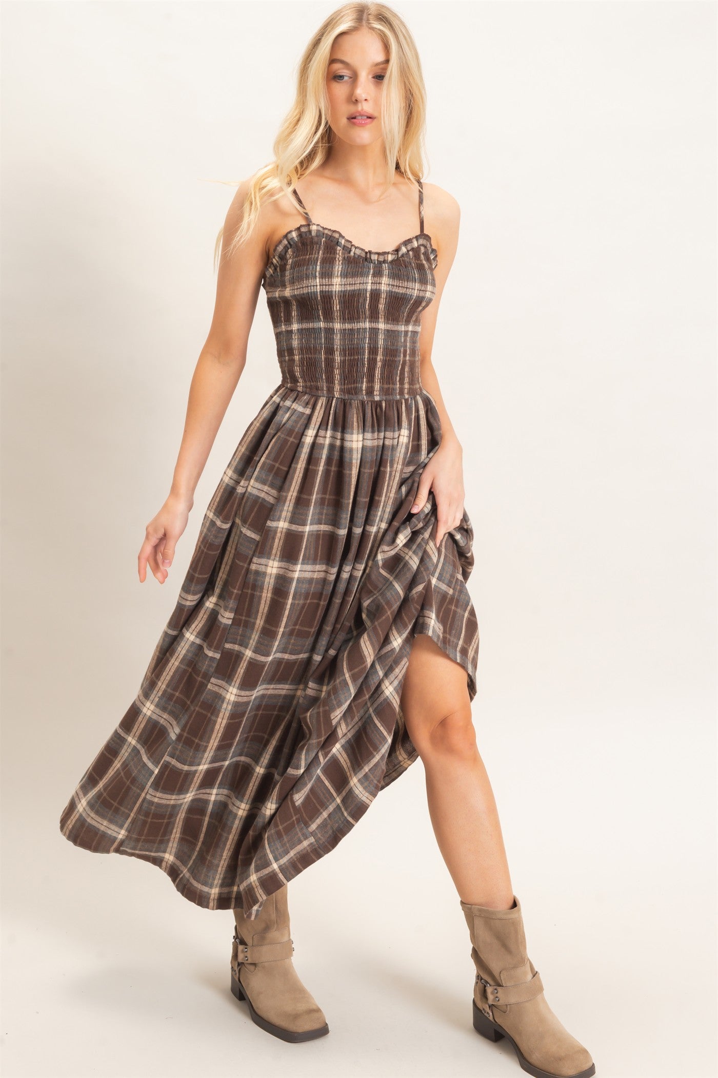 Wholesale Plaid Smocked Maxi Dress Dresses HF26C898 BROWN HYFVE