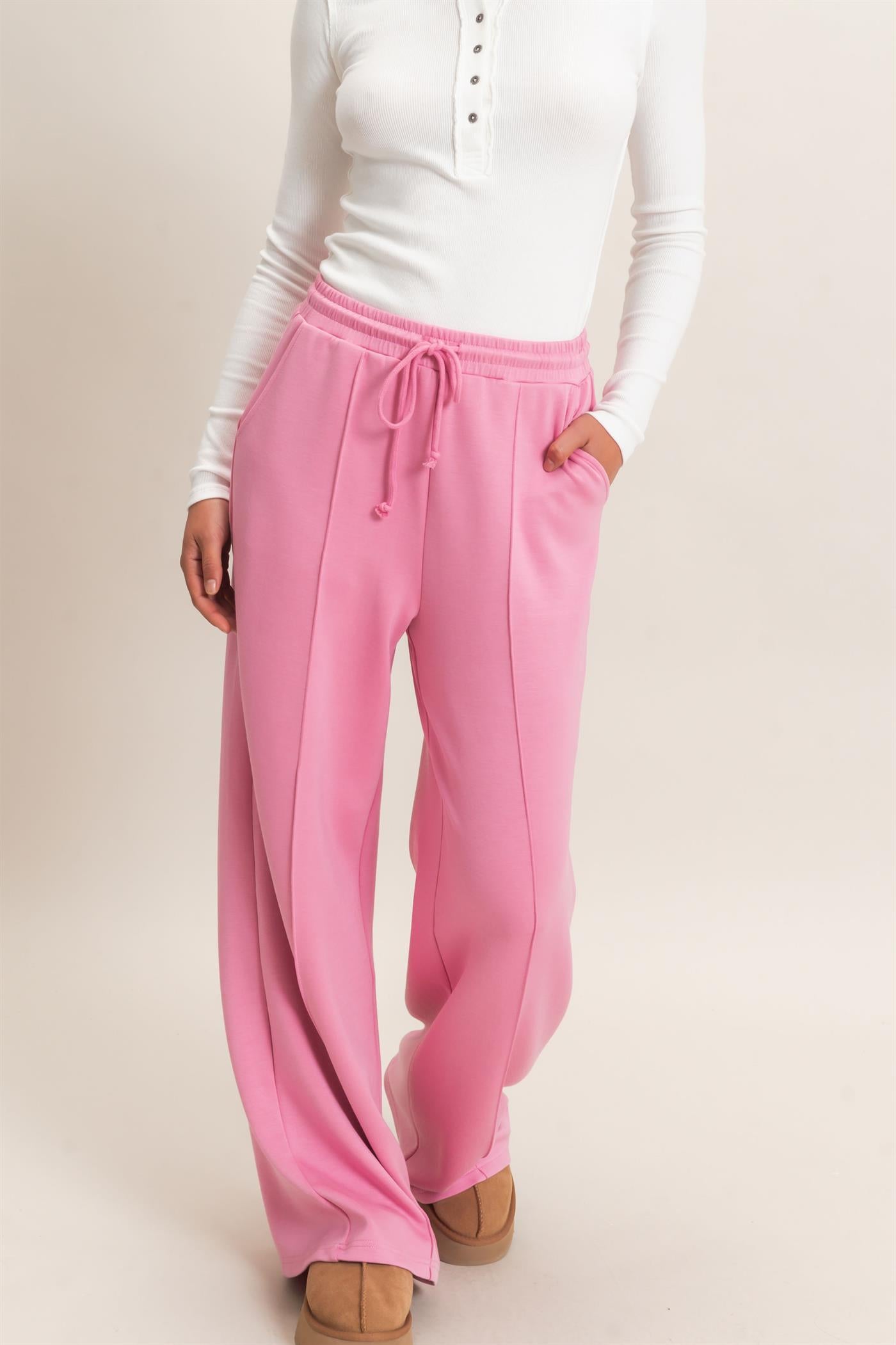 Wholesale Drawstring Waist Pintuck Wide Leg Pants Pants DZ26E384 PINK HYFVE
