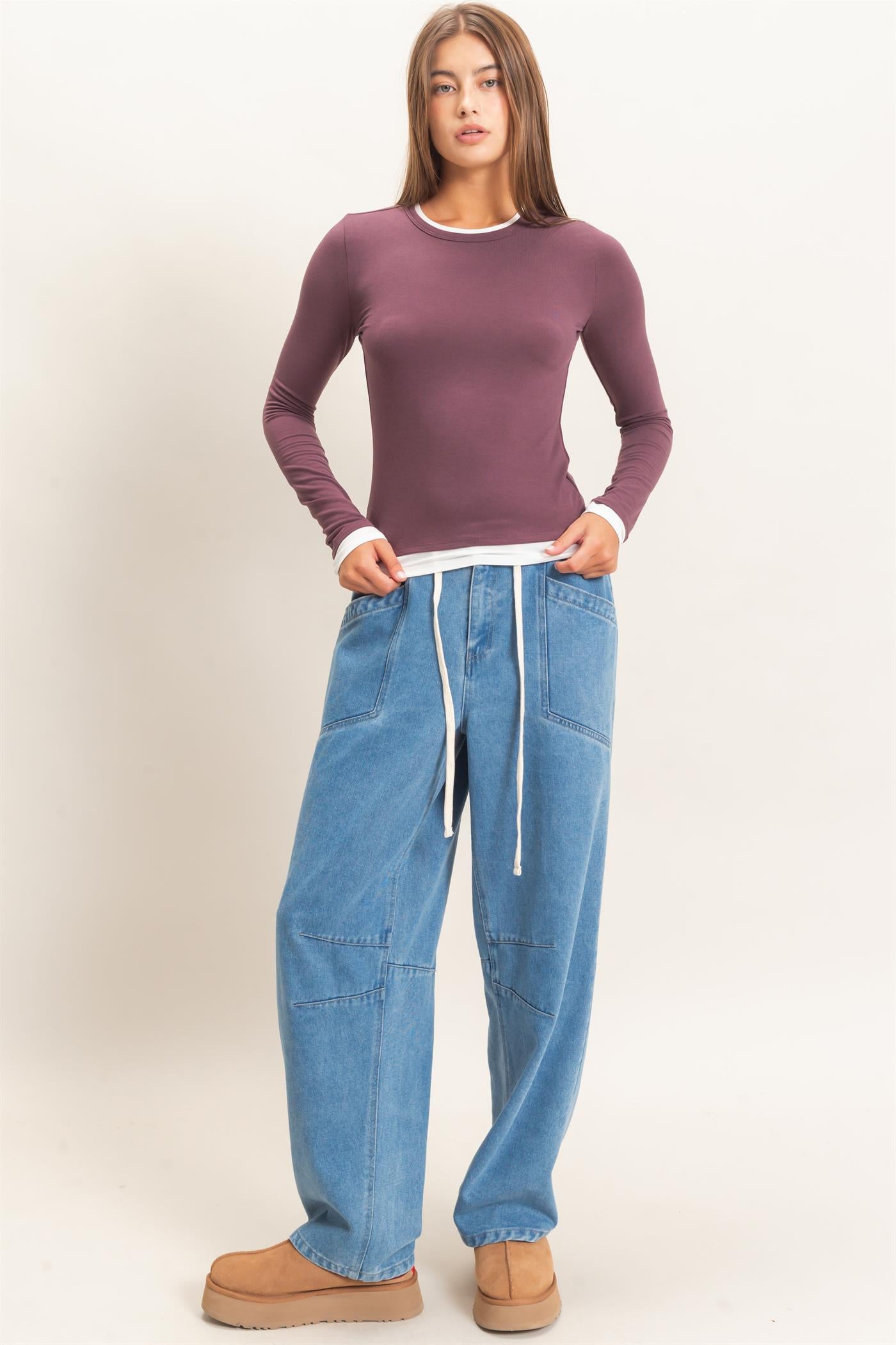 Wholesale Layered Effect Long Sleeve Top Clothing Tops DZ26F341 COCOA DOUBLE ZERO