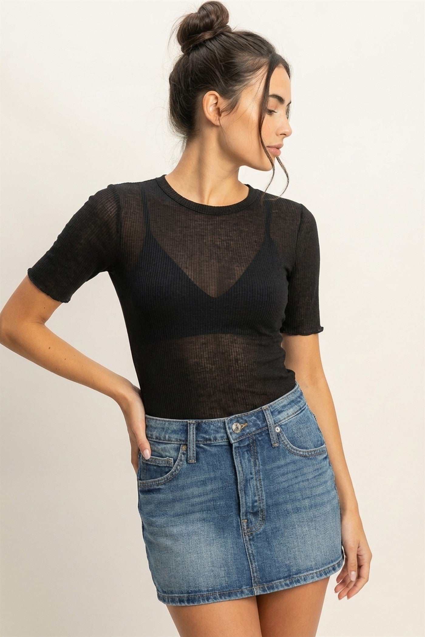 Wholesale Ribbed Short Sleeve Top Clothing Tops DZ24C197 BLACK DOUBLE ZERO