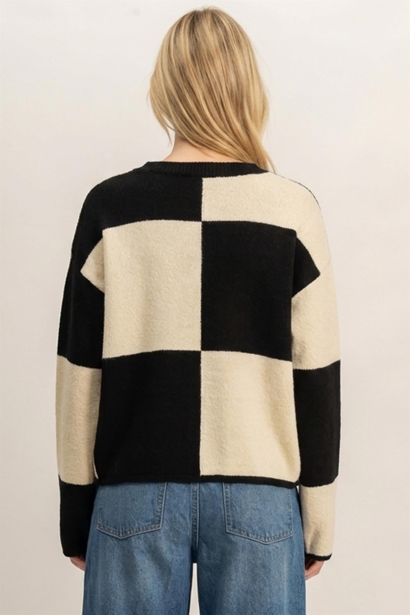 Wholesale Crew Neck Checkered Sweater Sweaters DZ26C980 BLACK DOUBLE ZERO