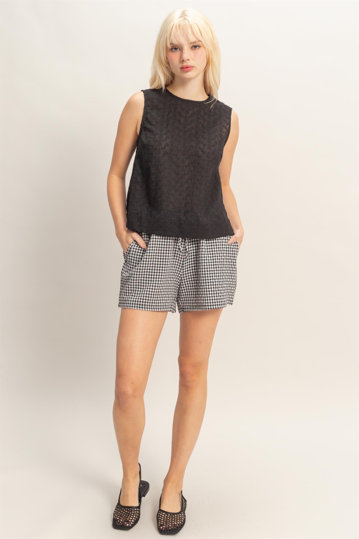 Wholesale Eyelet Sleeveless Top With Back Buttons Clothing Tops DZ26C541 BLACK DOUBLE ZERO