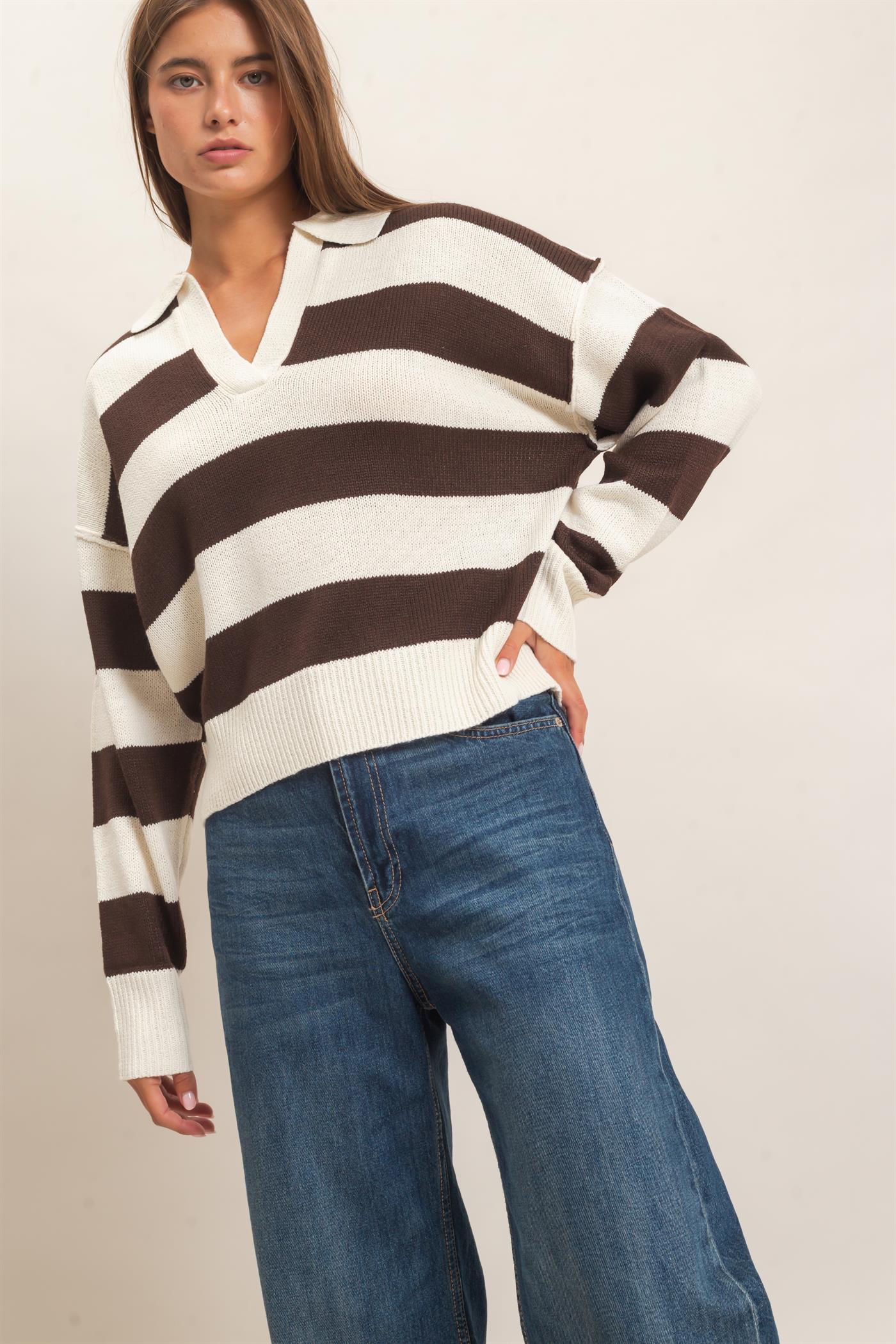 Wholesale Rugby Stripe Polo Sweater Sweaters DZ26E297 DARK BROWN DOUBLE ZERO
