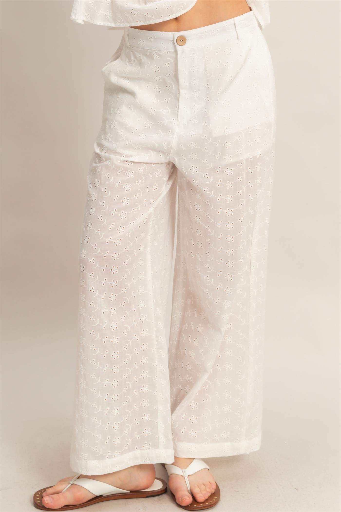 Wholesale Floral Eyelet Pants Pants HF26C542 WHITE HYFVE