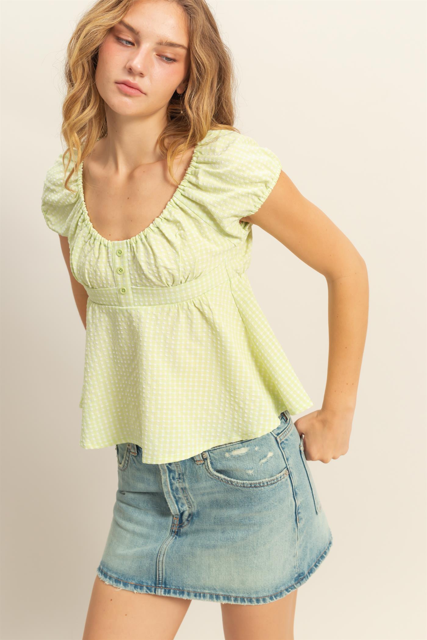 Wholesale Gingham Scoop Neck Cap Sleeve Blouse Blouses DZ25C042 LIME GREEN DOUBLE ZERO