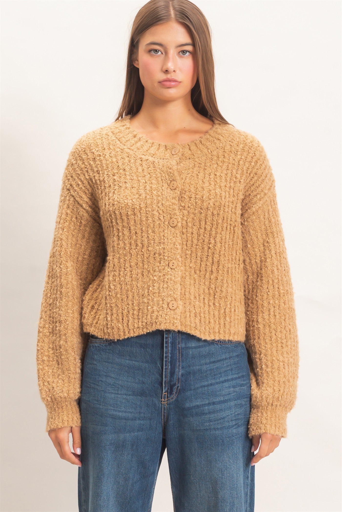 Wholesale Boucle Knit Button Front Cardigan Cardigans DZ26E270 TAUPE DOUBLE ZERO