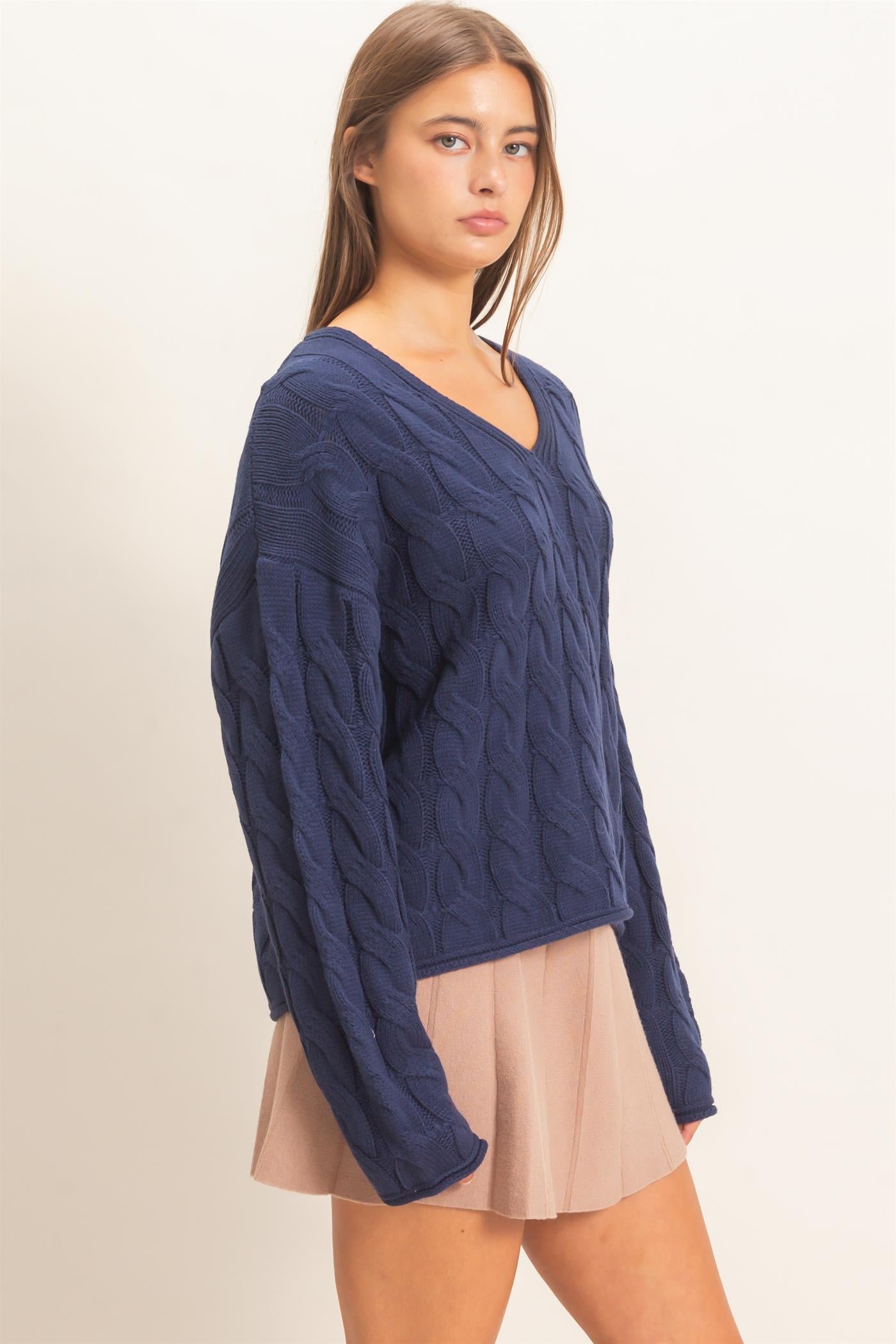 Wholesale Cable Knit V-Neck Sweater Sweaters DZ26E087 NAVY DOUBLE ZERO