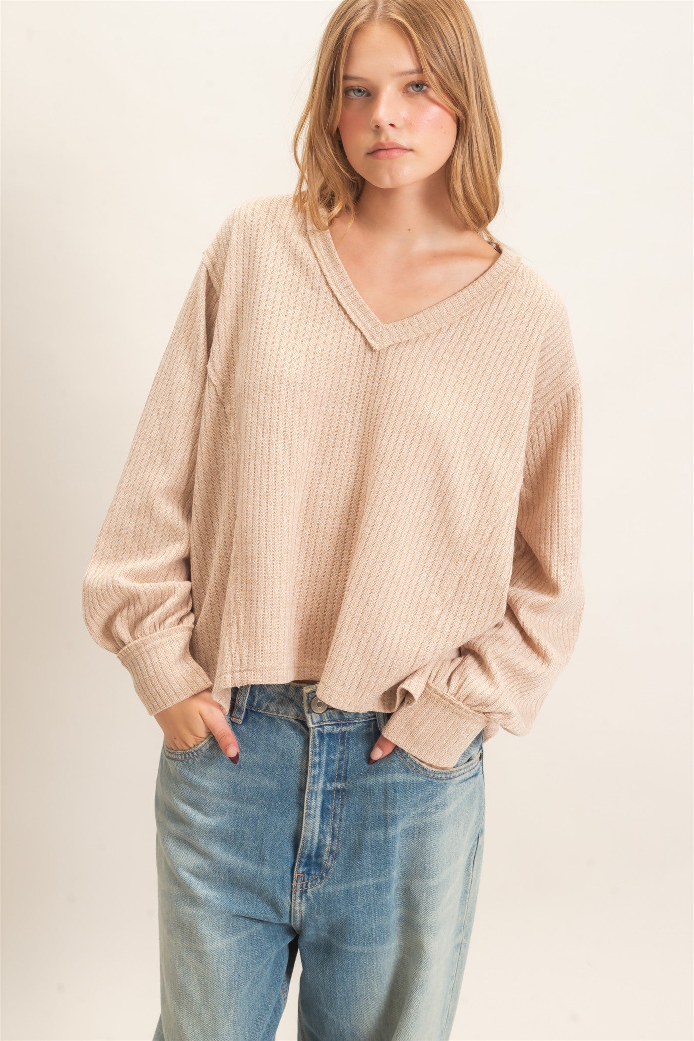 Wholesale Ribbed V-Neck Knit Top Shirts HF26F351 BEIGE HYFVE