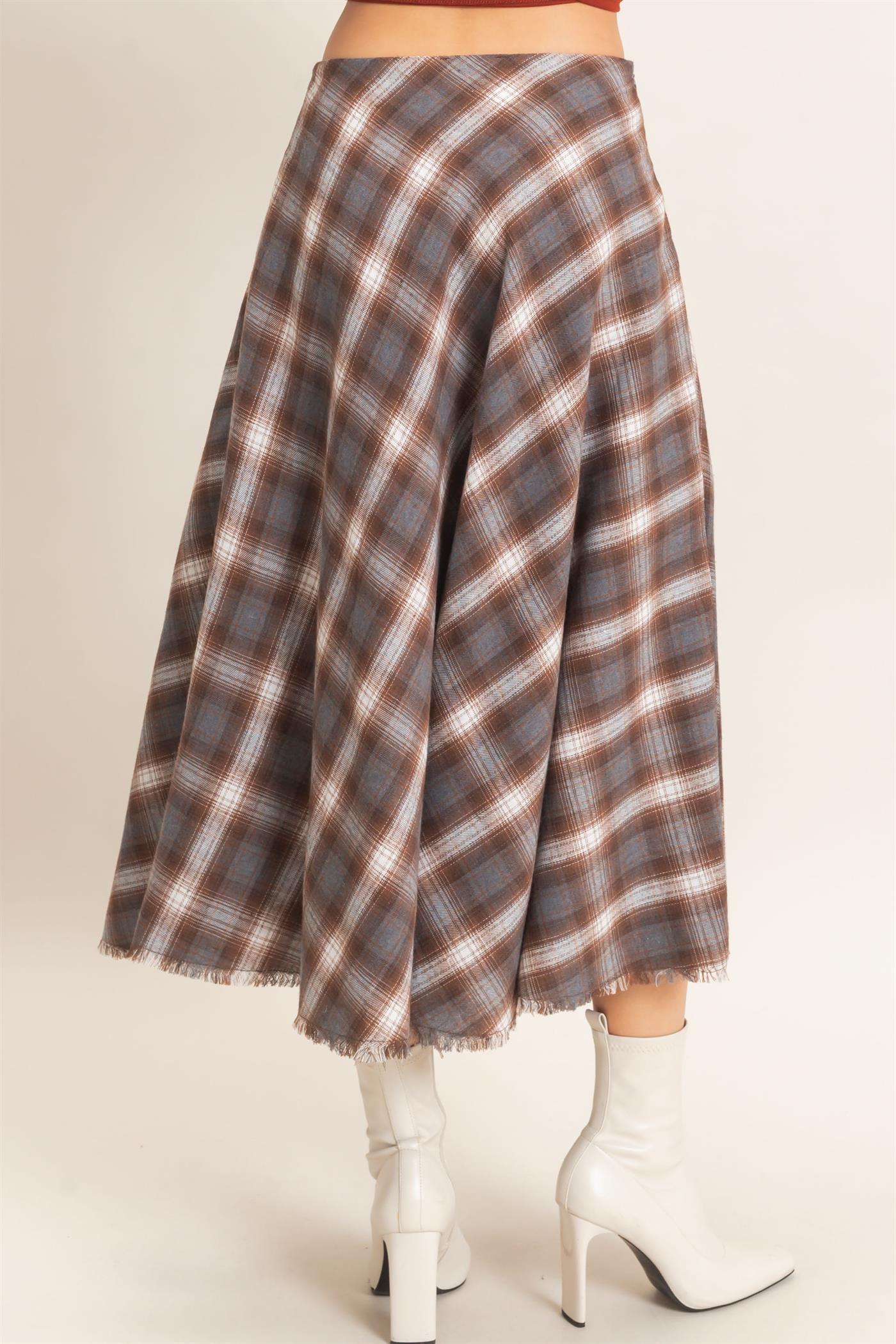 Wholesale A-Line Plaid Frayed Hem Skirt Skirts HF26E972 BROWN HYFVE