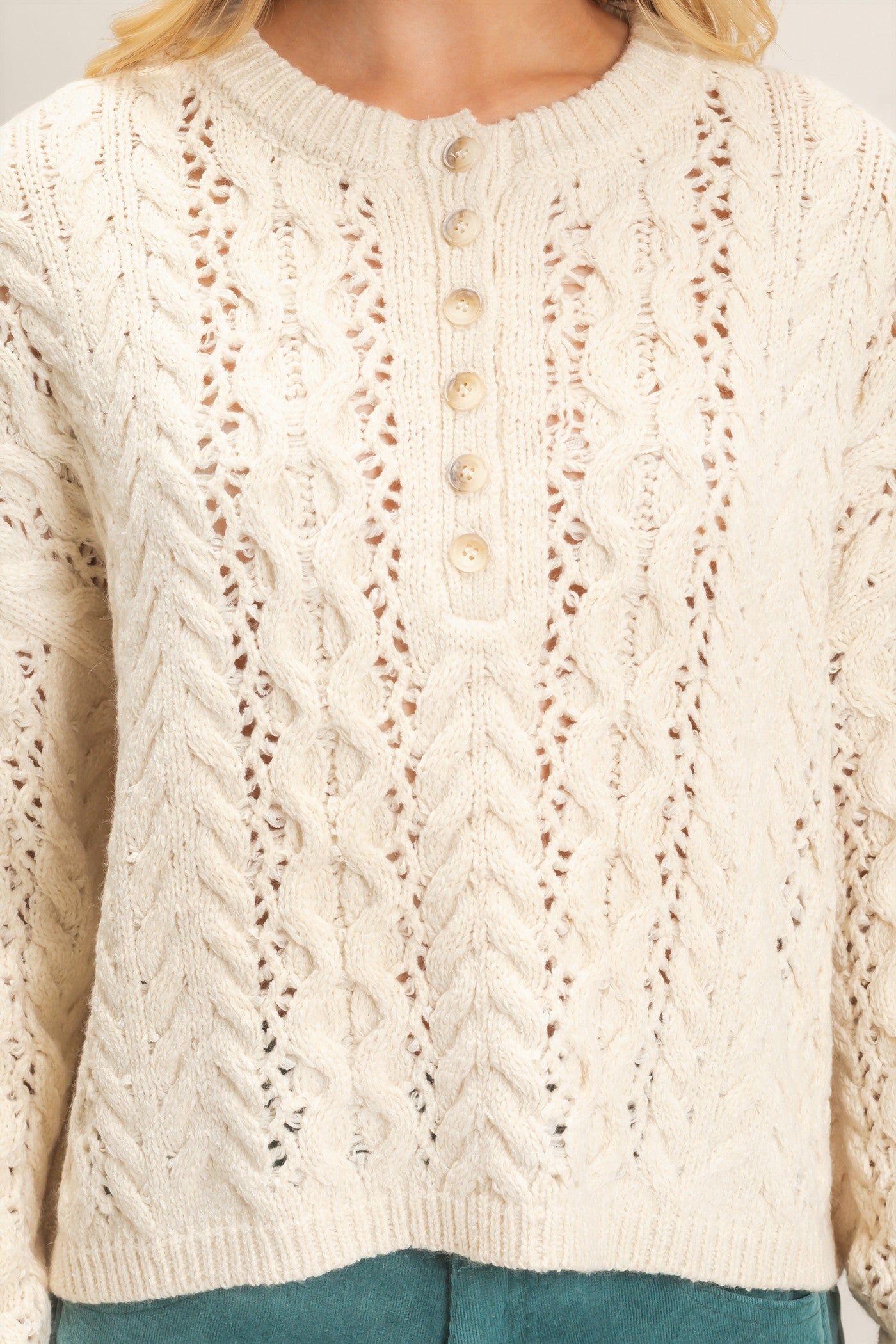 Wholesale Cable Knit Henley Sweaters HF26E552 CREAM HYFVE