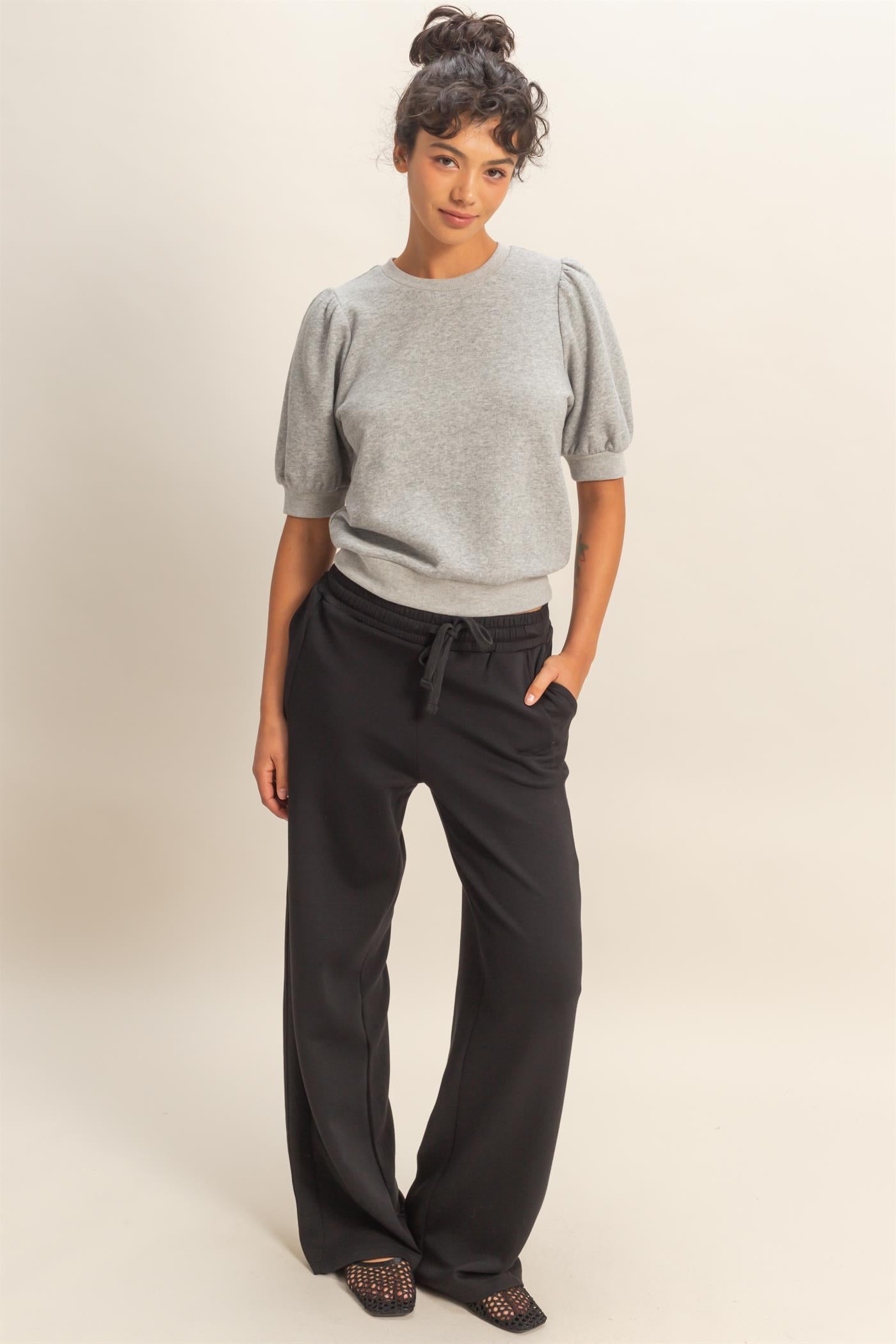 Wholesale Puff Short Sleeve Crew Neck Top Clothing Tops DZ26A927 HEATHER GRAY DOUBLE ZERO