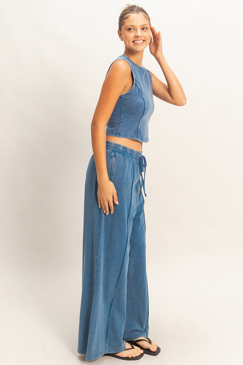 Wholesale Mineral Washed Sleeveless Top & Wide Leg Pants Set Clothing DZ26A371-SET NAVY DOUBLE ZERO