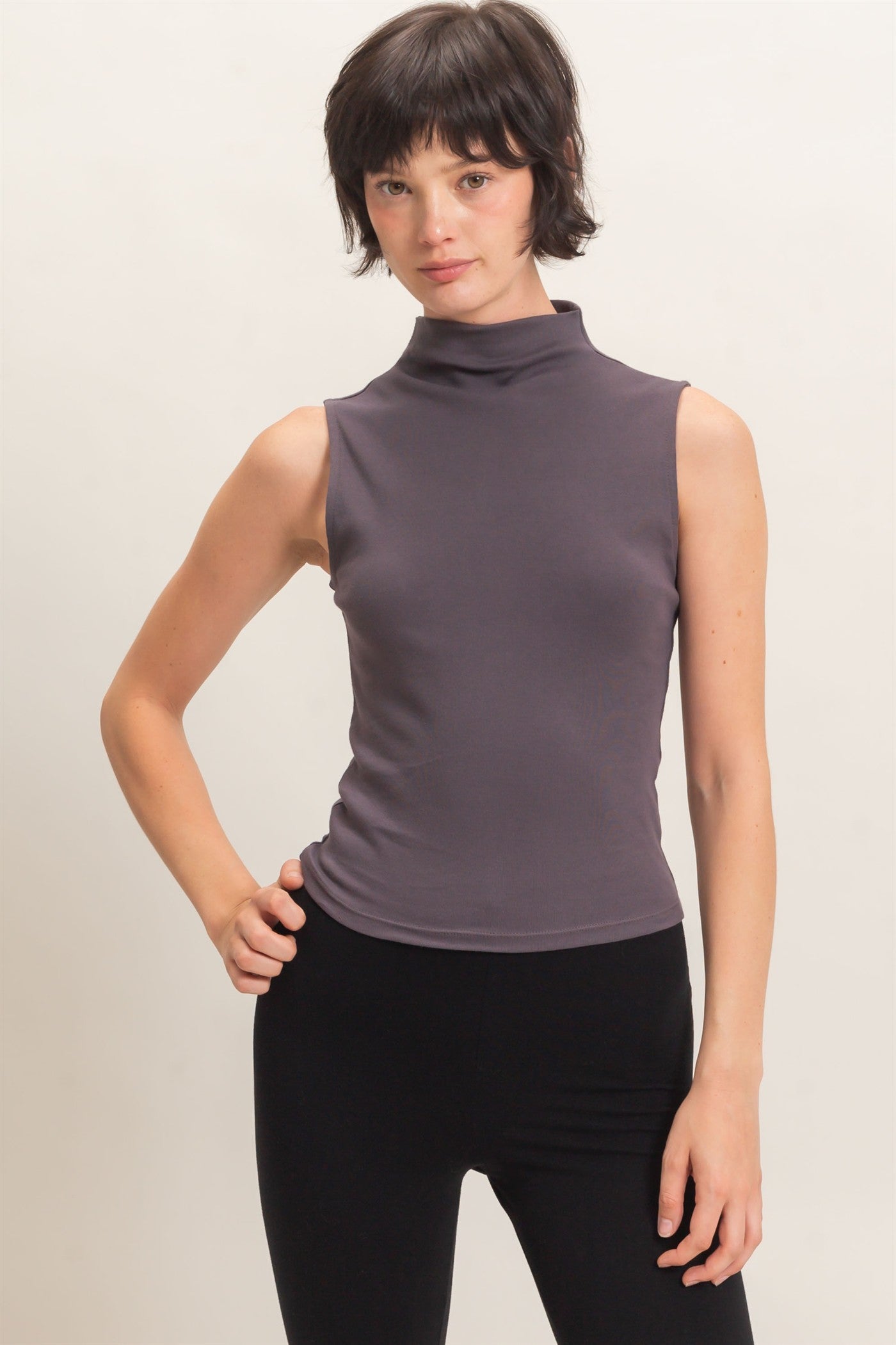 Wholesale Sleeveless Mock Neck Top Clothing Tops DZ26E397 CHARCOAL DOUBLE ZERO