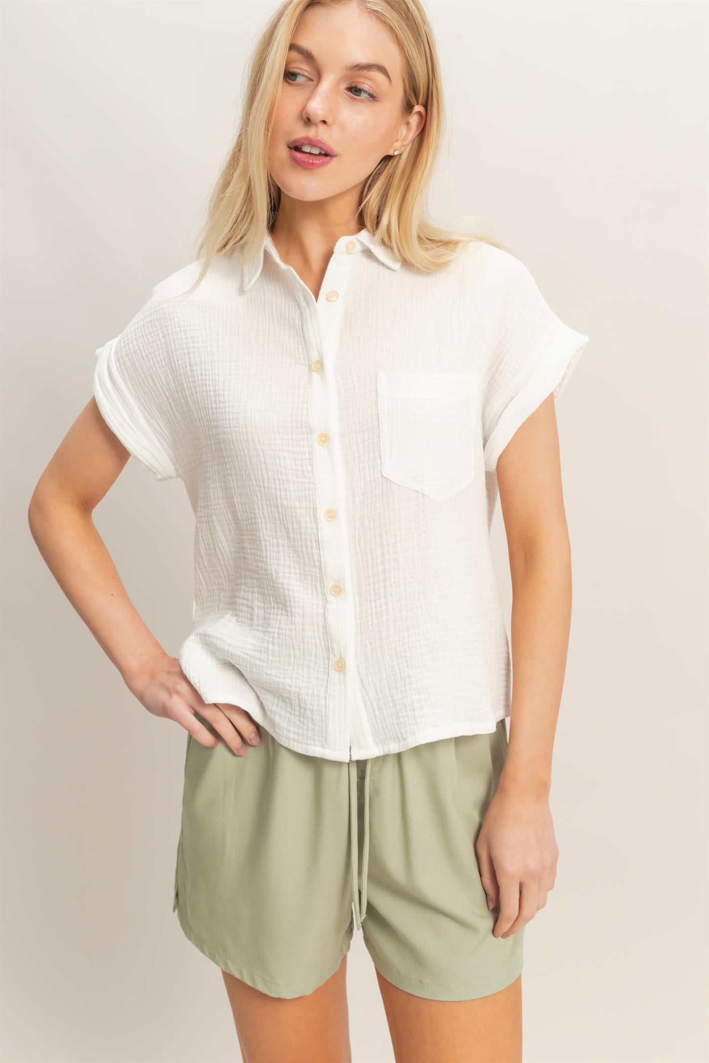 Wholesale Rolled Sleeve Button-Up Top Clothing Tops HF26E526 OFF WHITE HYFVE