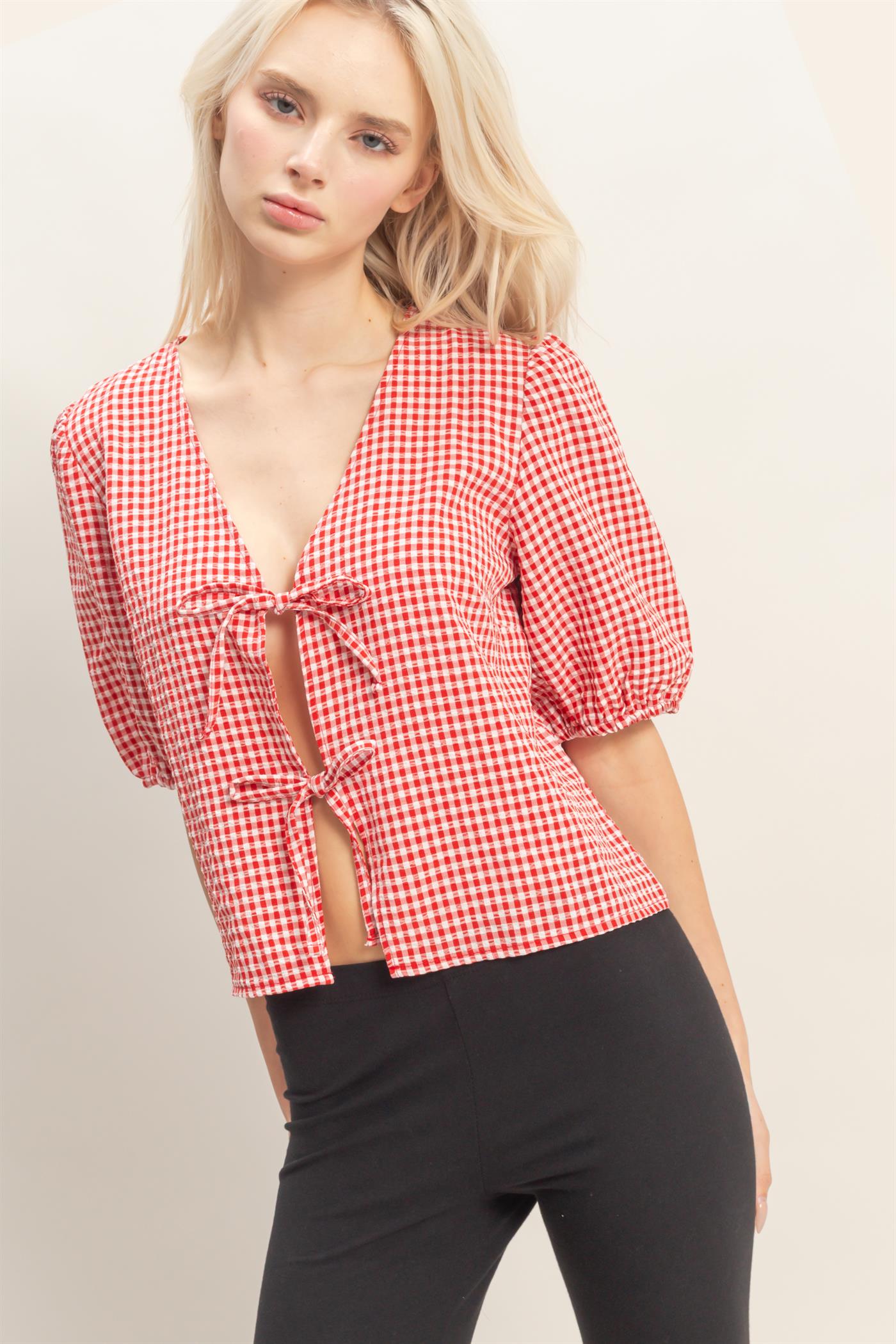 Wholesale Gingham Bow Tie Puff Sleeve Blouse Blouses DZ26C229 RED DOUBLE ZERO