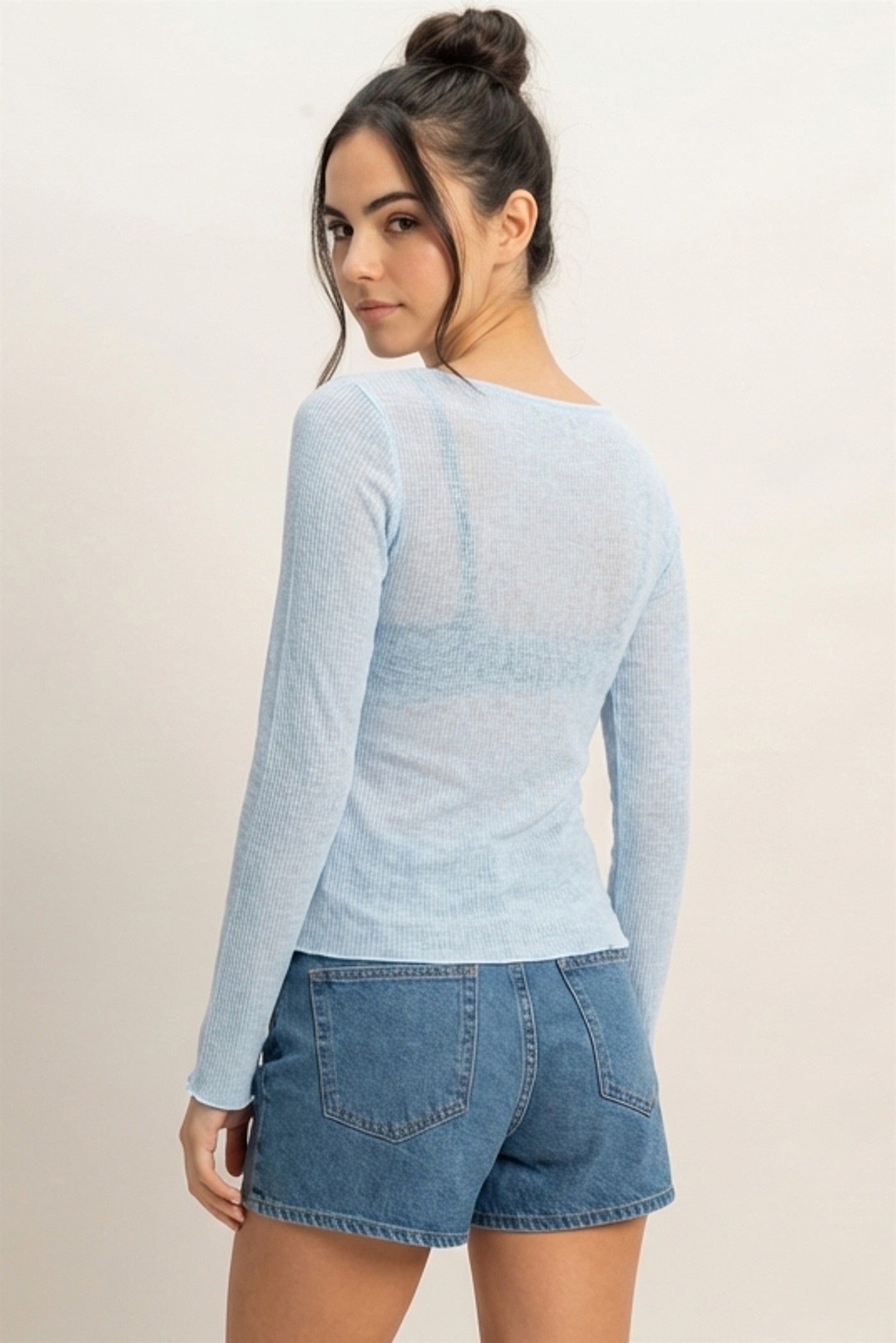 Wholesale Ribbed Long Sleeve Top Clothing Tops DZ24C196 BABY BLUE DOUBLE ZERO