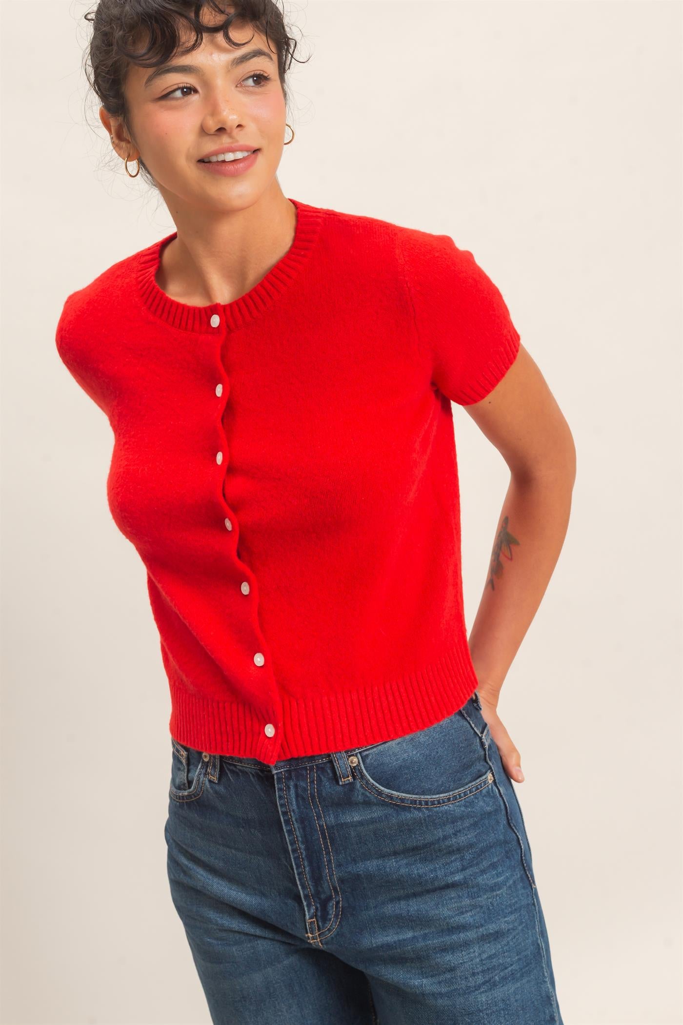 Wholesale Crew Neck Short Sleeve Cardigan Cardigans DZ26E108 RED DOUBLE ZERO