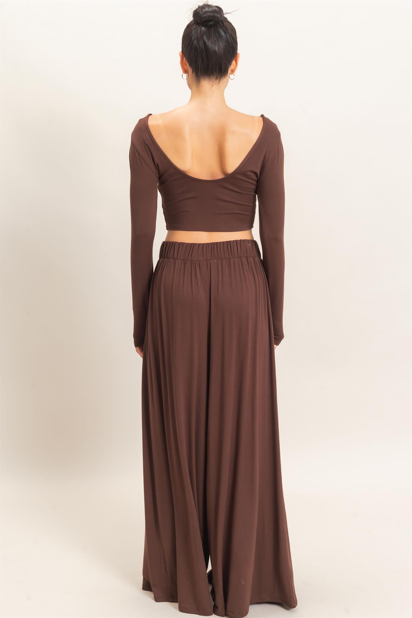 Wholesale Long Sleeve Top & Wide Leg Pants Set Clothing HF26F227-SET-D ESPRESSO HYFVE