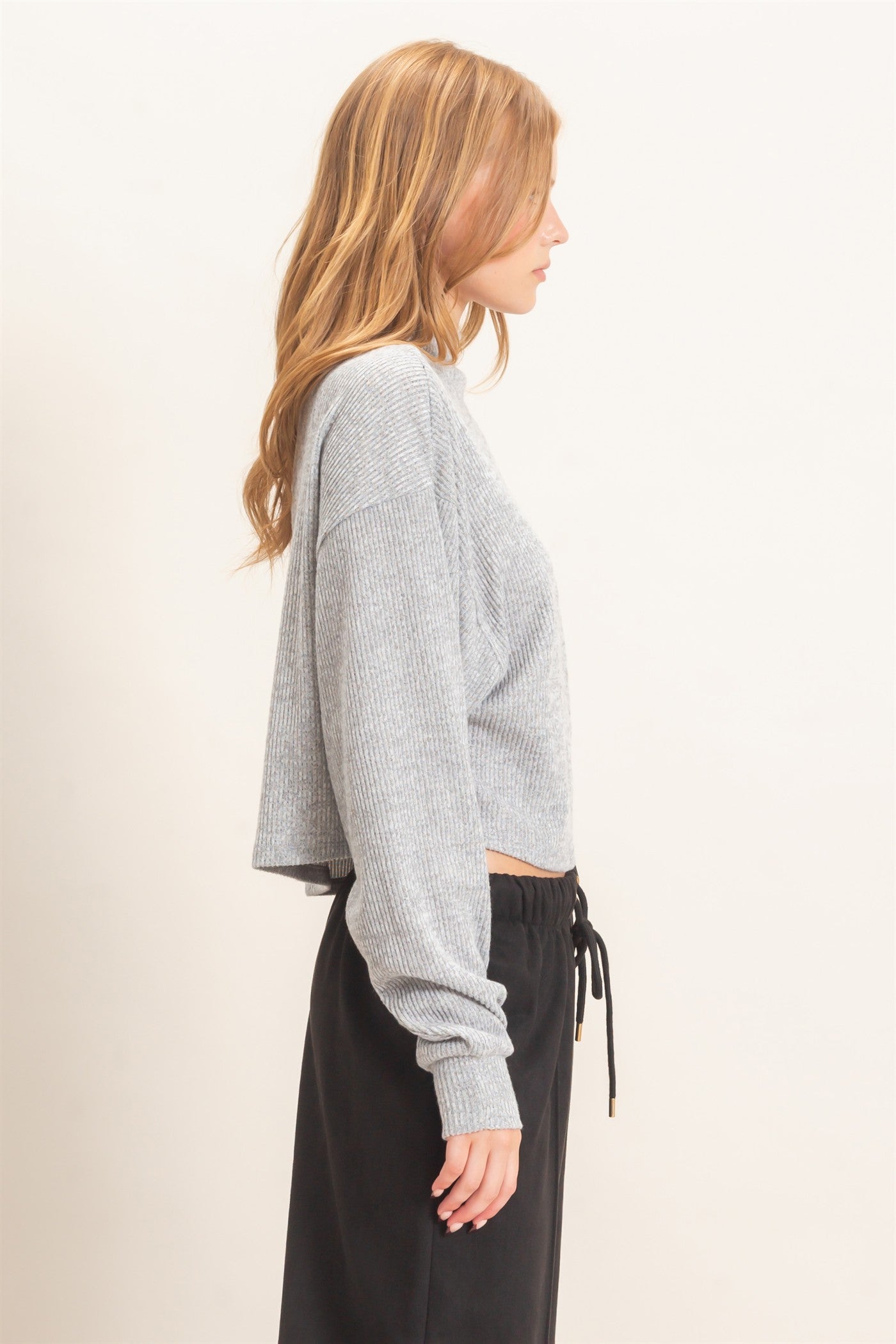 Wholesale Ribbed Mock Neck Top Clothing Tops HF26F030 GRAY HYFVE