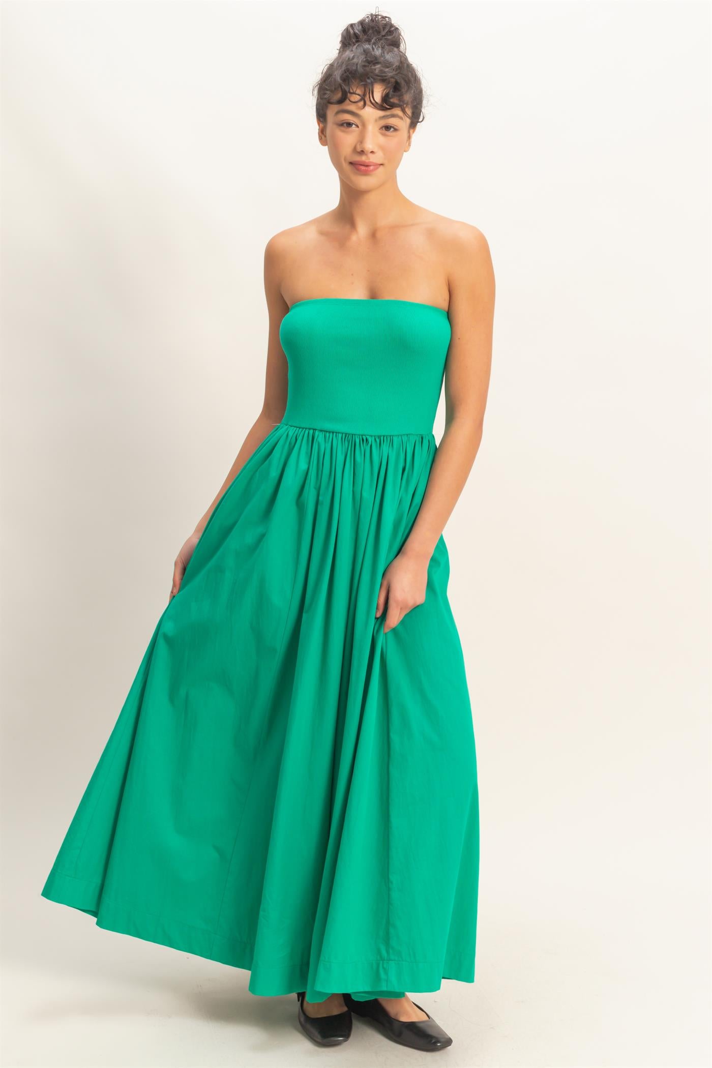 Wholesale Strapless Flowy Midi Dress Dresses DZ26A744 GREEN DOUBLE ZERO